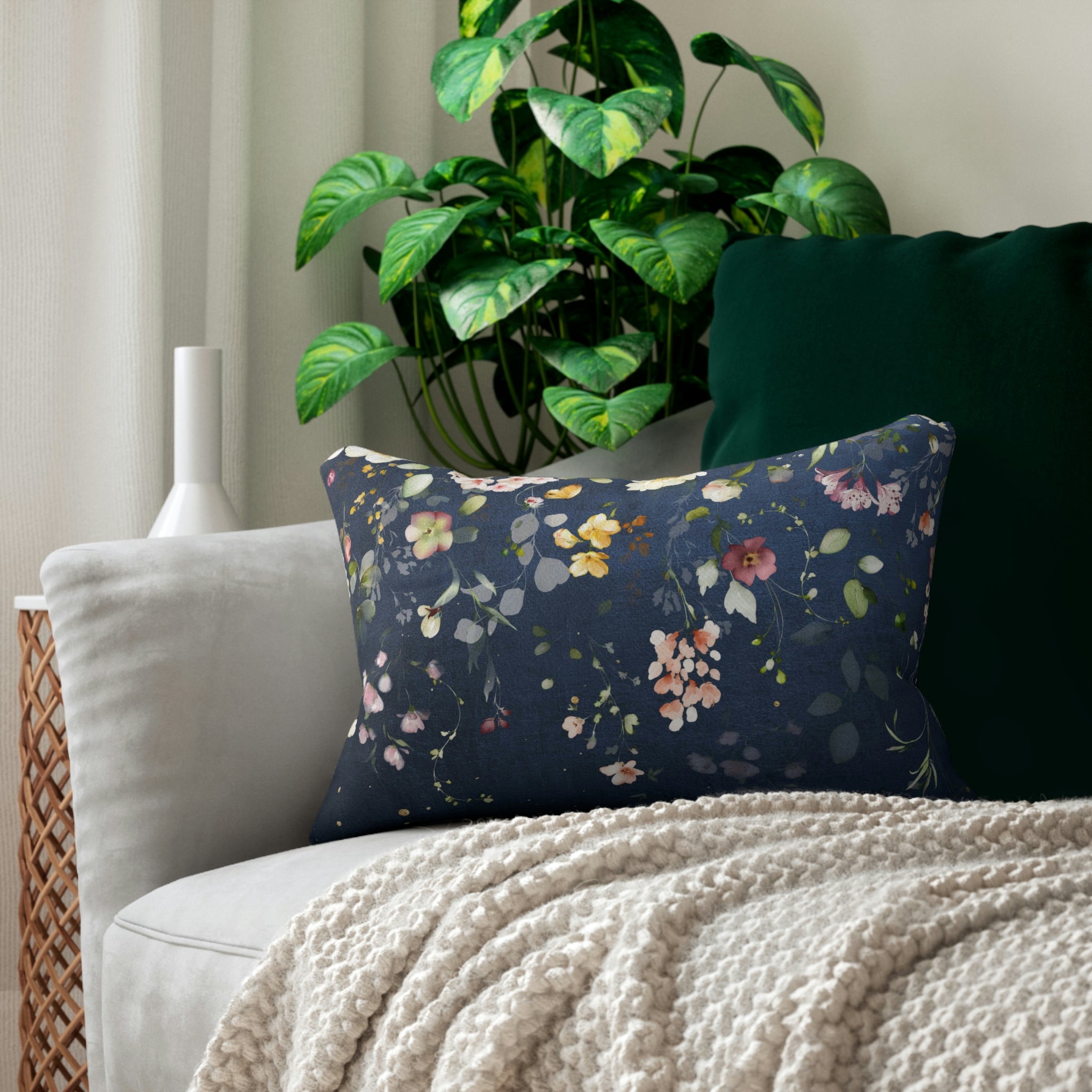 Floral Lumbar Pillow | Navy Blue Wild Flowers Botanical