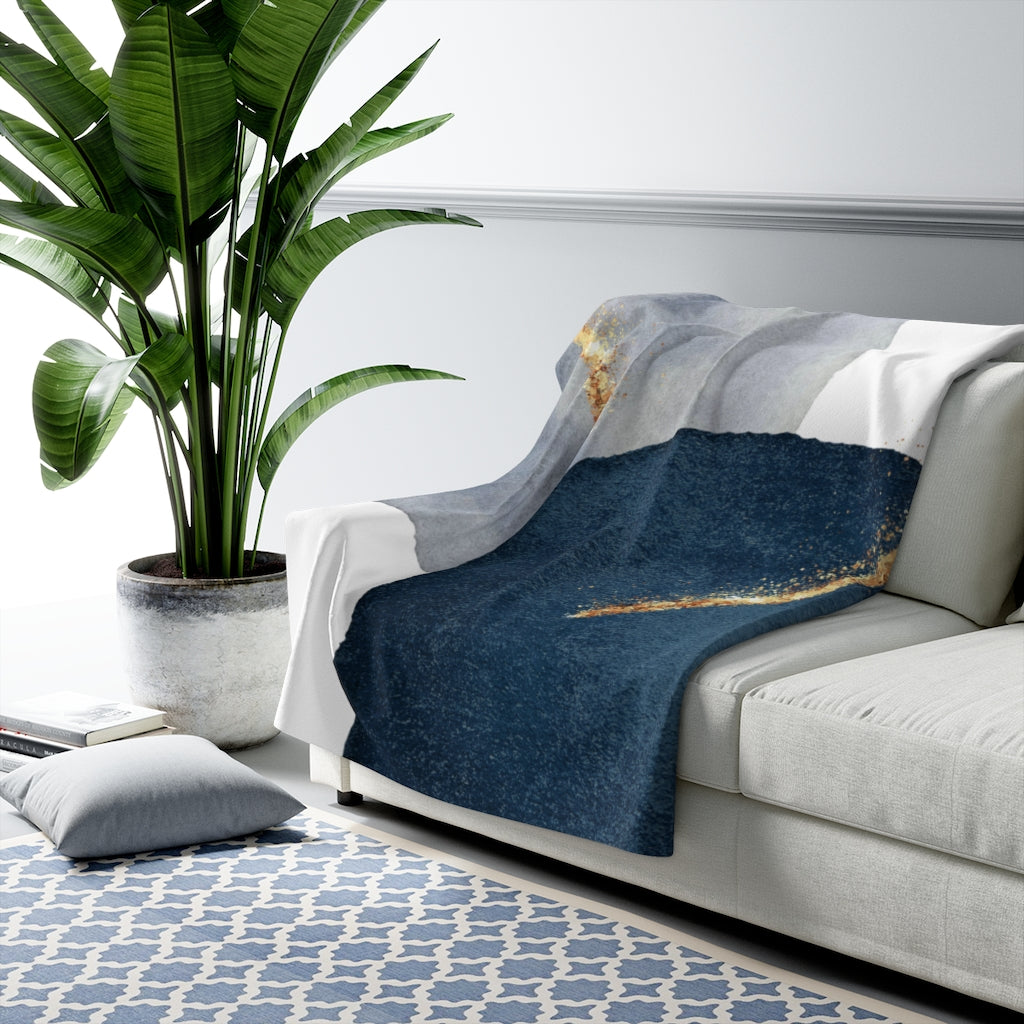 Dusty Navy Blue, Gold Color Blocks, Geometric Throw Blanket,