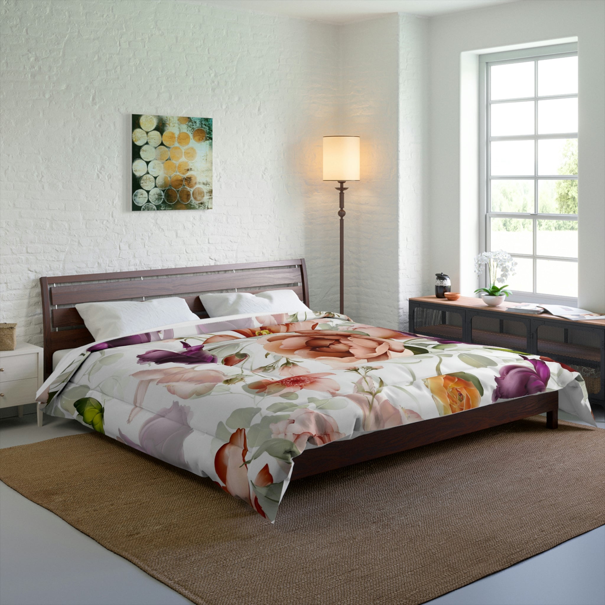 Floral Comforter | White Purple Rust Peonies Garden