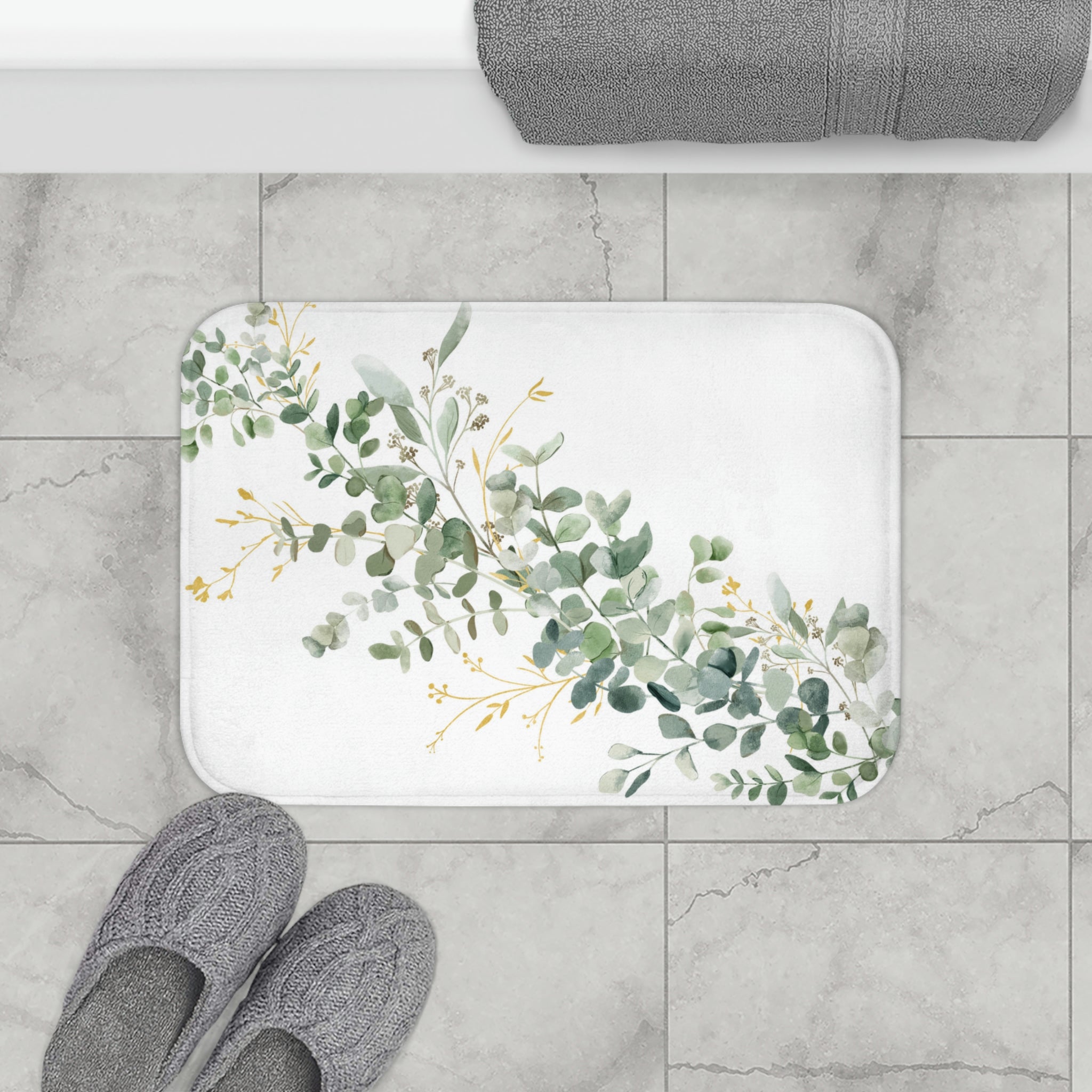 Eucalyptus Bath Mat | Sage Green Floral, White