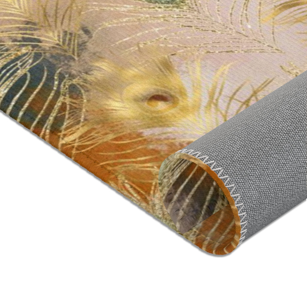 Boho Area Rug | Gold Navy Rust Feathers