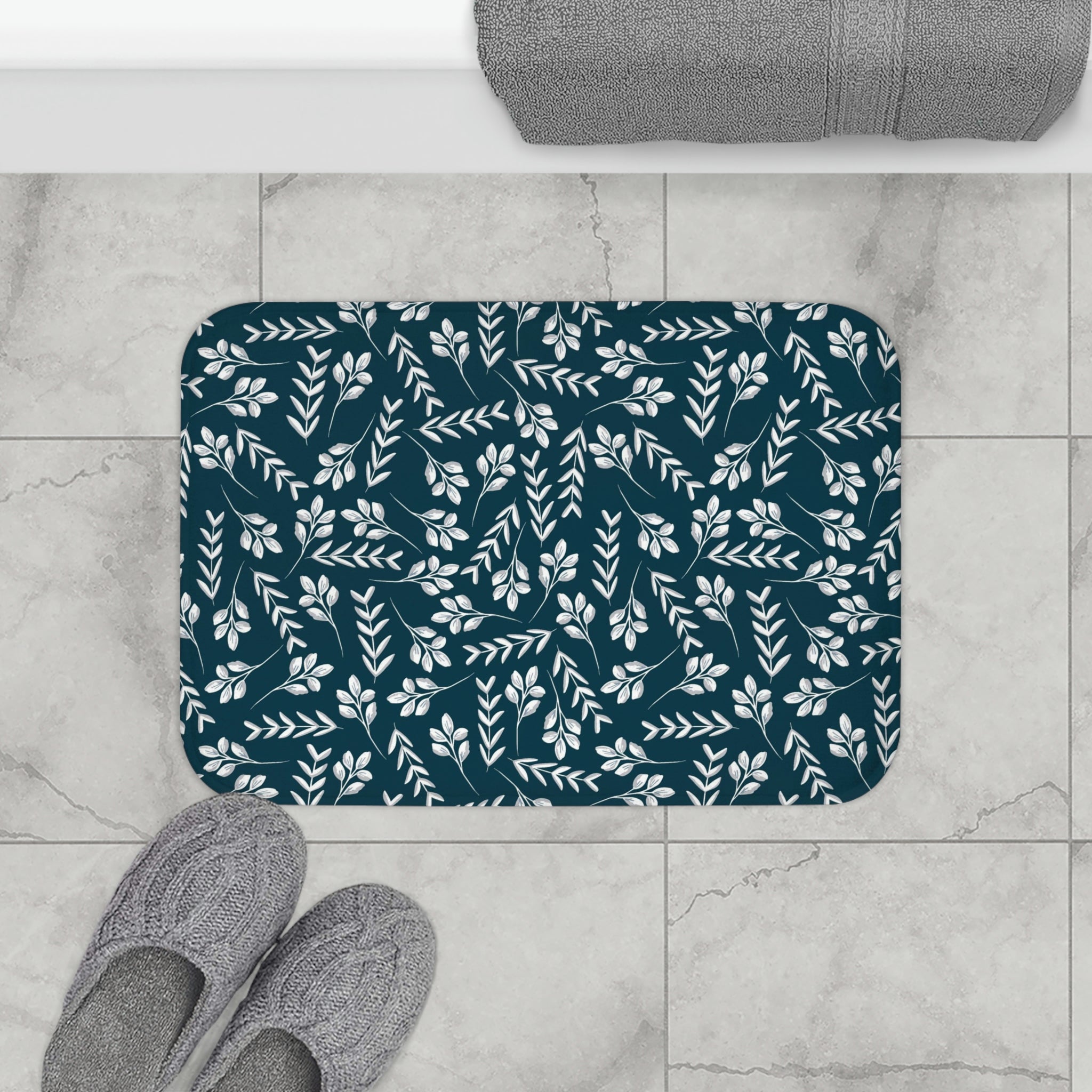 Boho Floral Bath, Kitchen Mat | Navy Blue, White Botanical