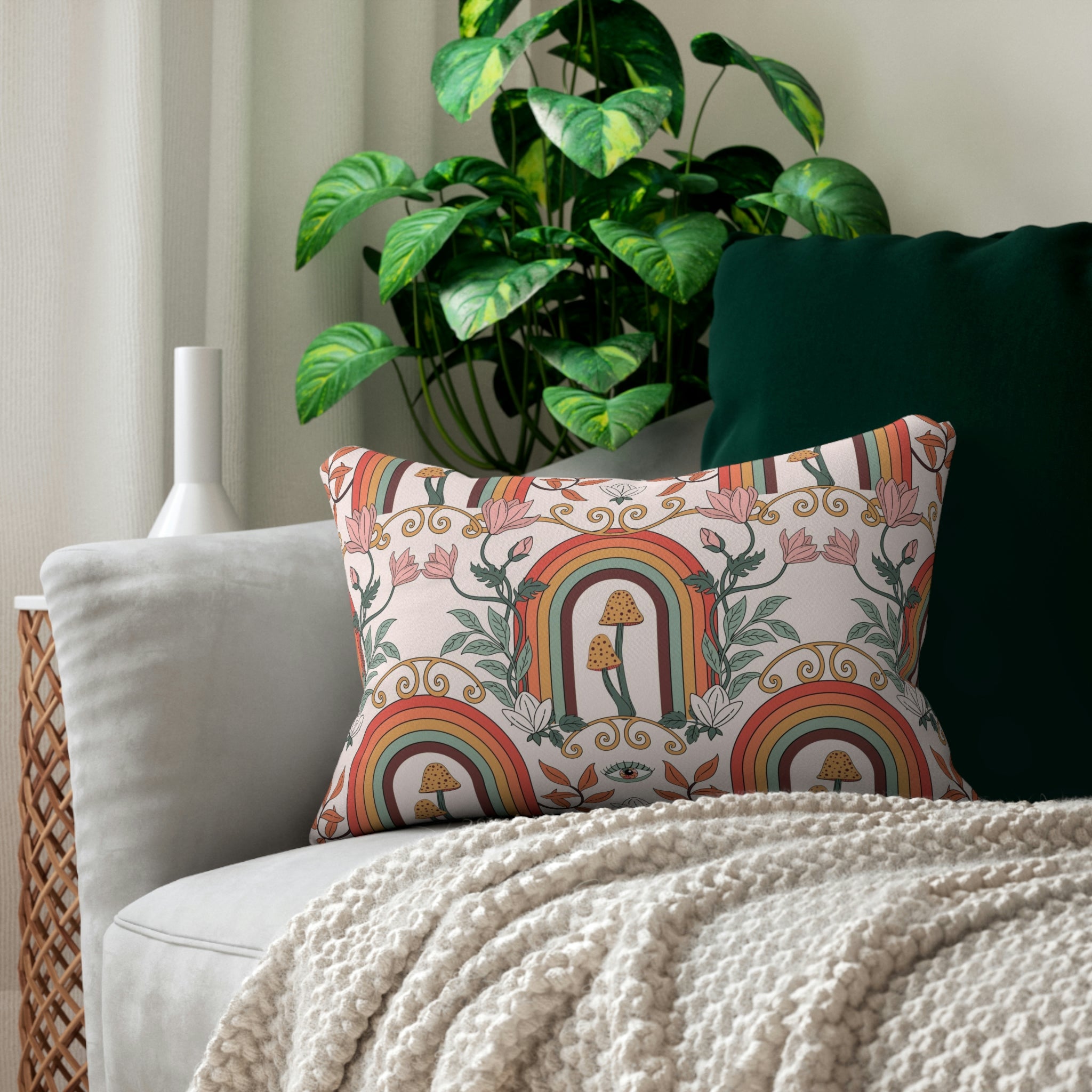 Retro Boho Lumbar Pillow | Mushrooms, Rainbow