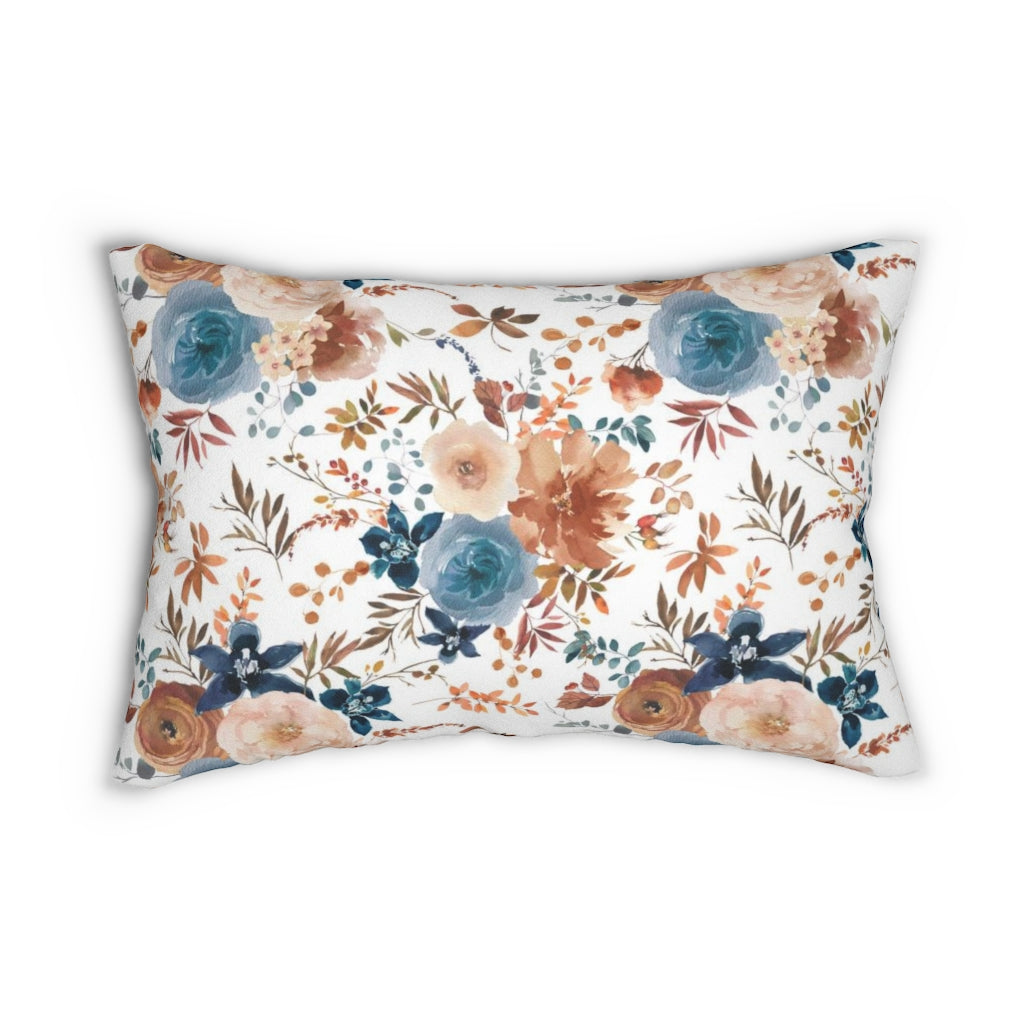 Floral Boho Lumbar Pillow | Dusty Blue Cinnamon Brown Flowers