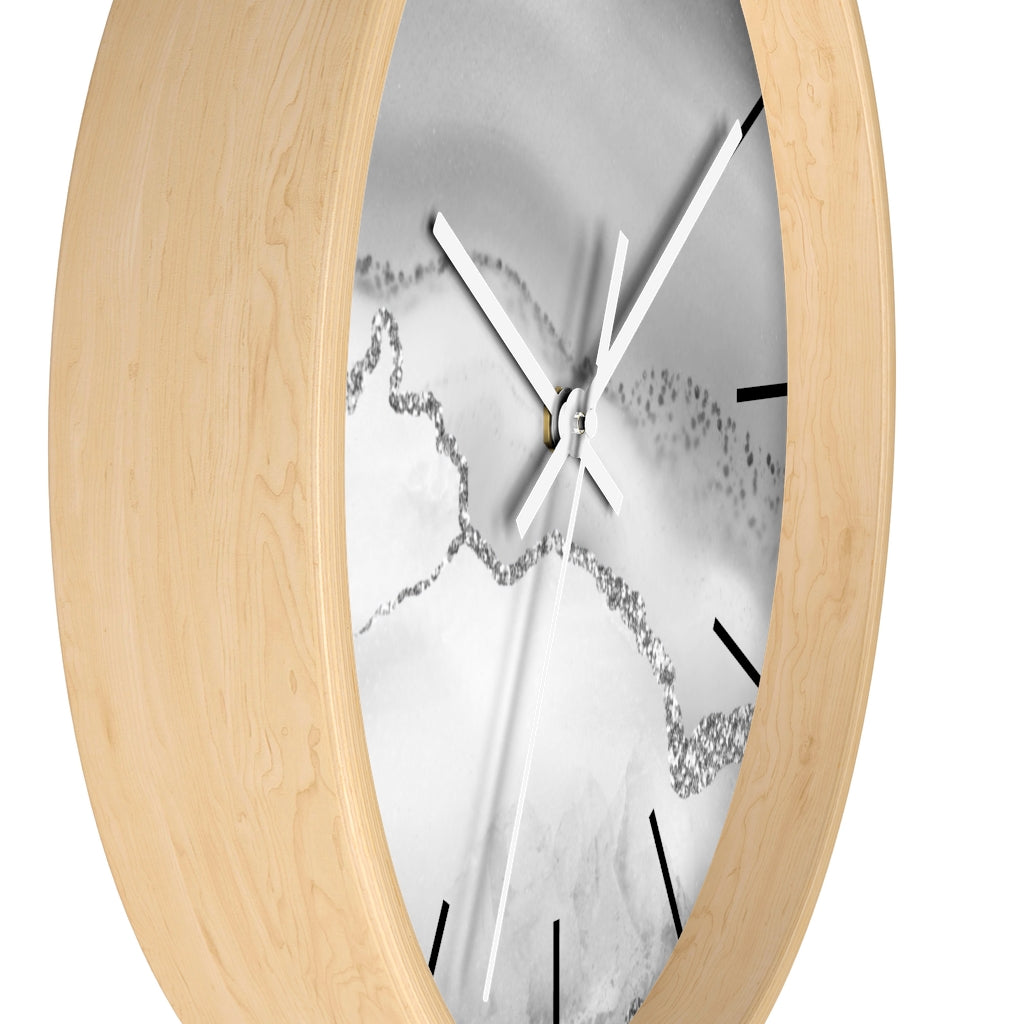 Marble Print, Wood, Wall Clock, Gray Silver 10"