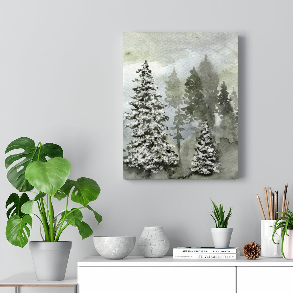 FLORAL WALL CANVAS ART | Grey Green Snow Forest Trees