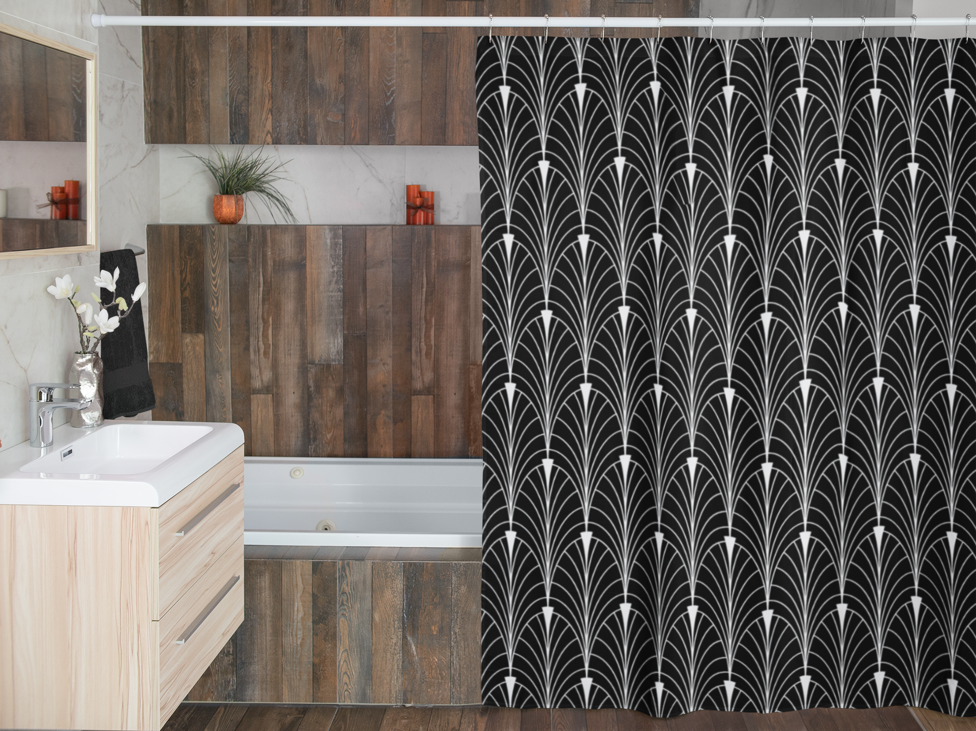 a bathroom with a shower curtain and a sink