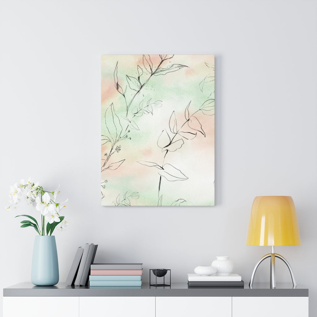 FLORAL WALL CANVAS ART | Green Peach Black Line Art Leaves