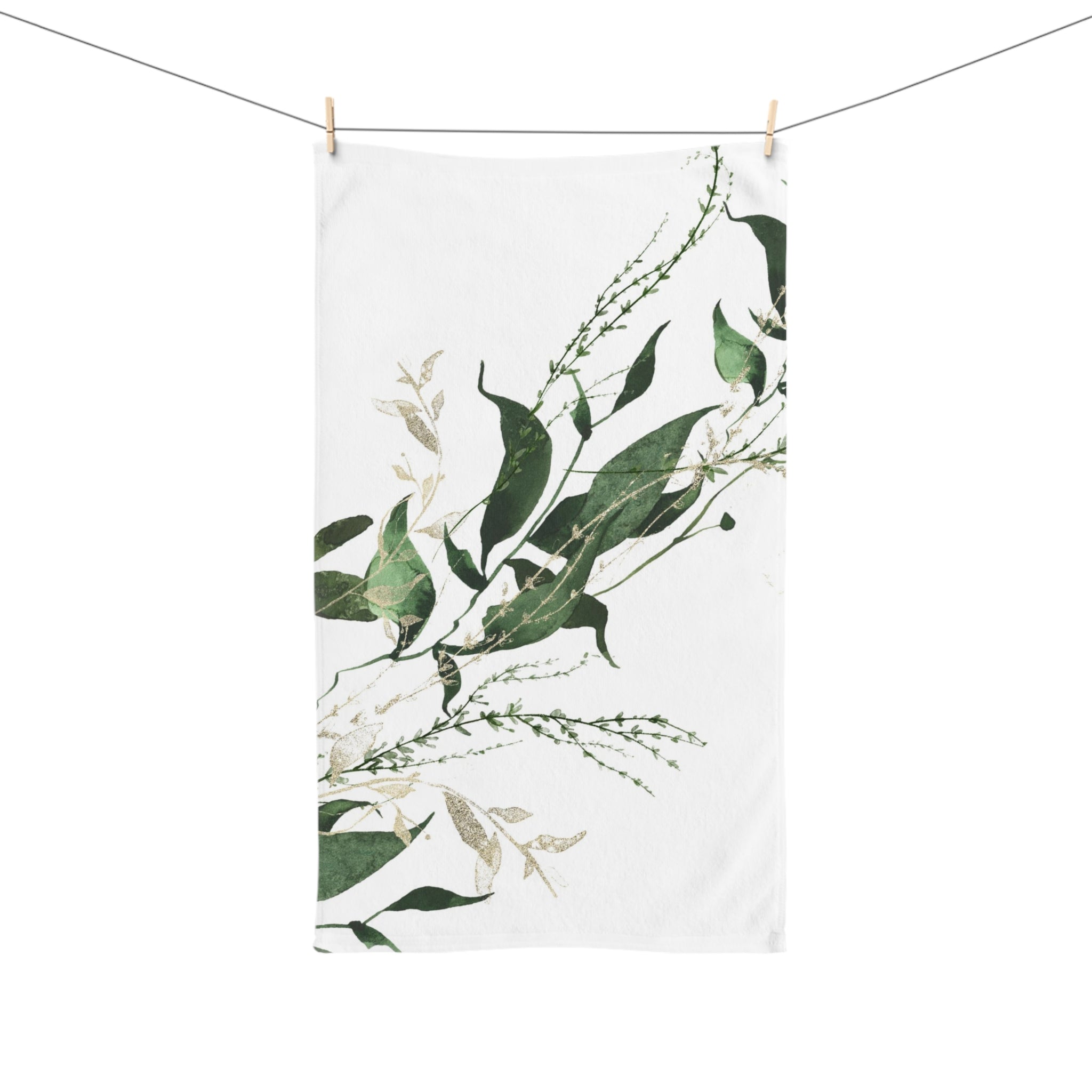Floral Boho Kitchen, Bath Hand Towel | White Forest Green Leaves