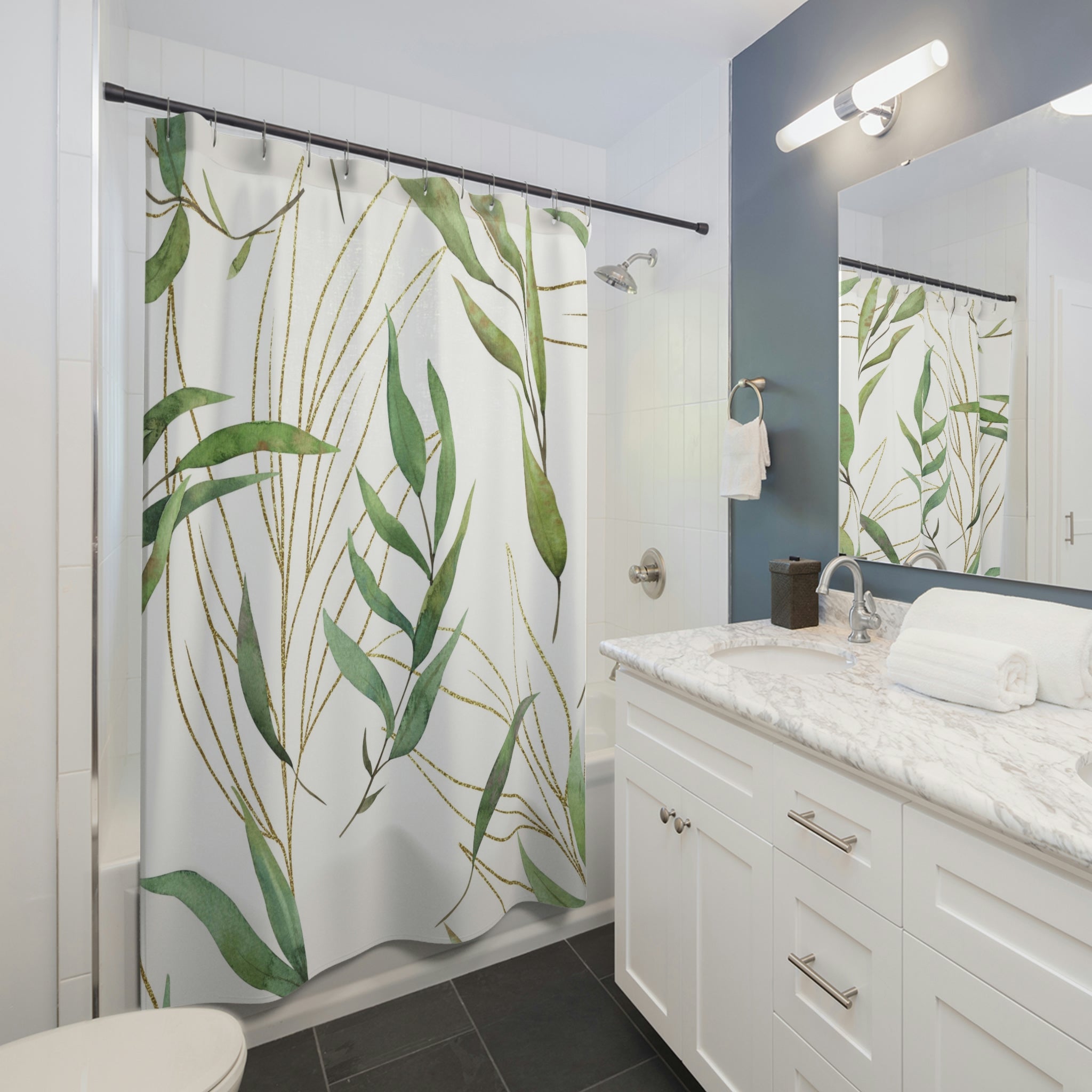 boho shower curtain | floral green leaves, white