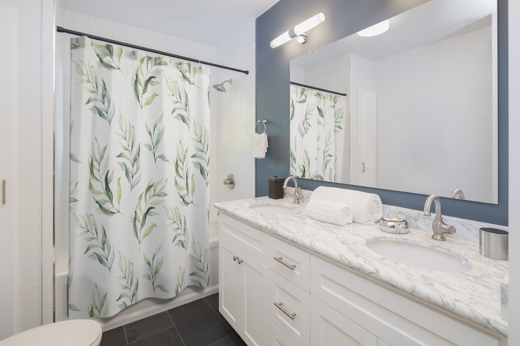 Green White, Palm Leaves, Botanical shower curtain