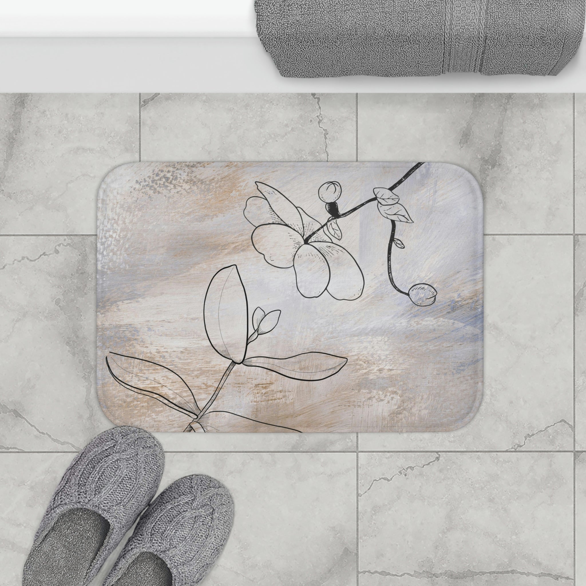 Boho Abstract Bath, Kitchen Mat | Hygge Floral Beige