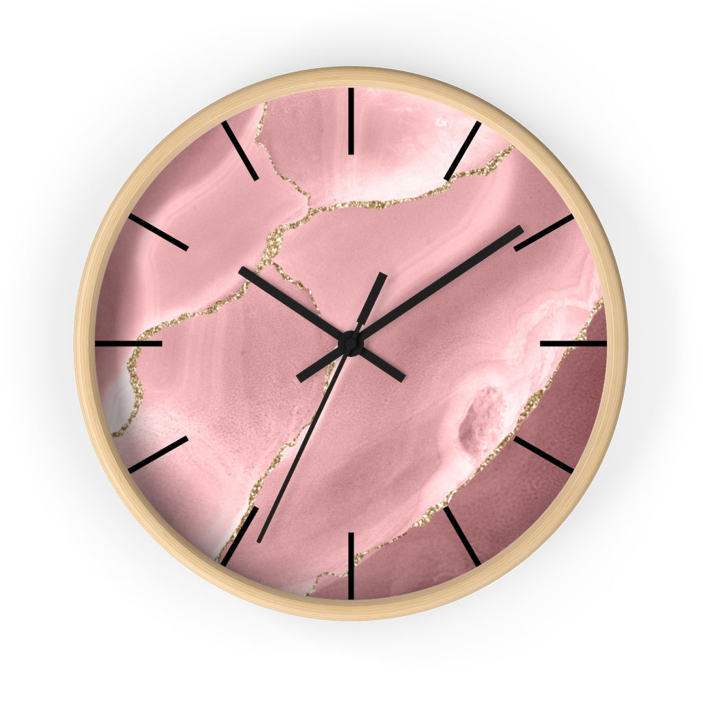 Marble Print, Wood, Wall Clock, Pink Gold 10"