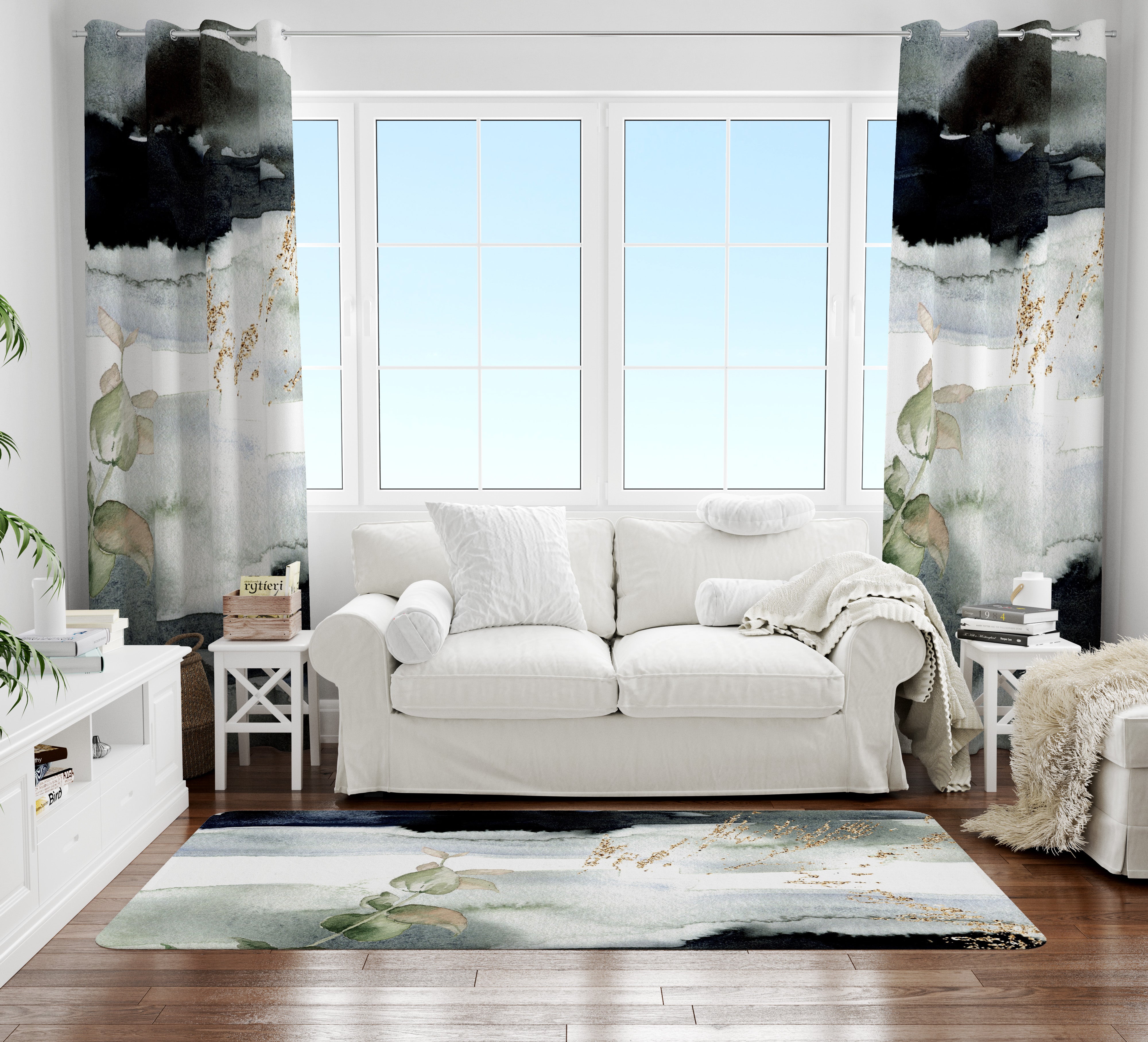 Boho Area Rug | Navy Gray Ombre Green Leaves