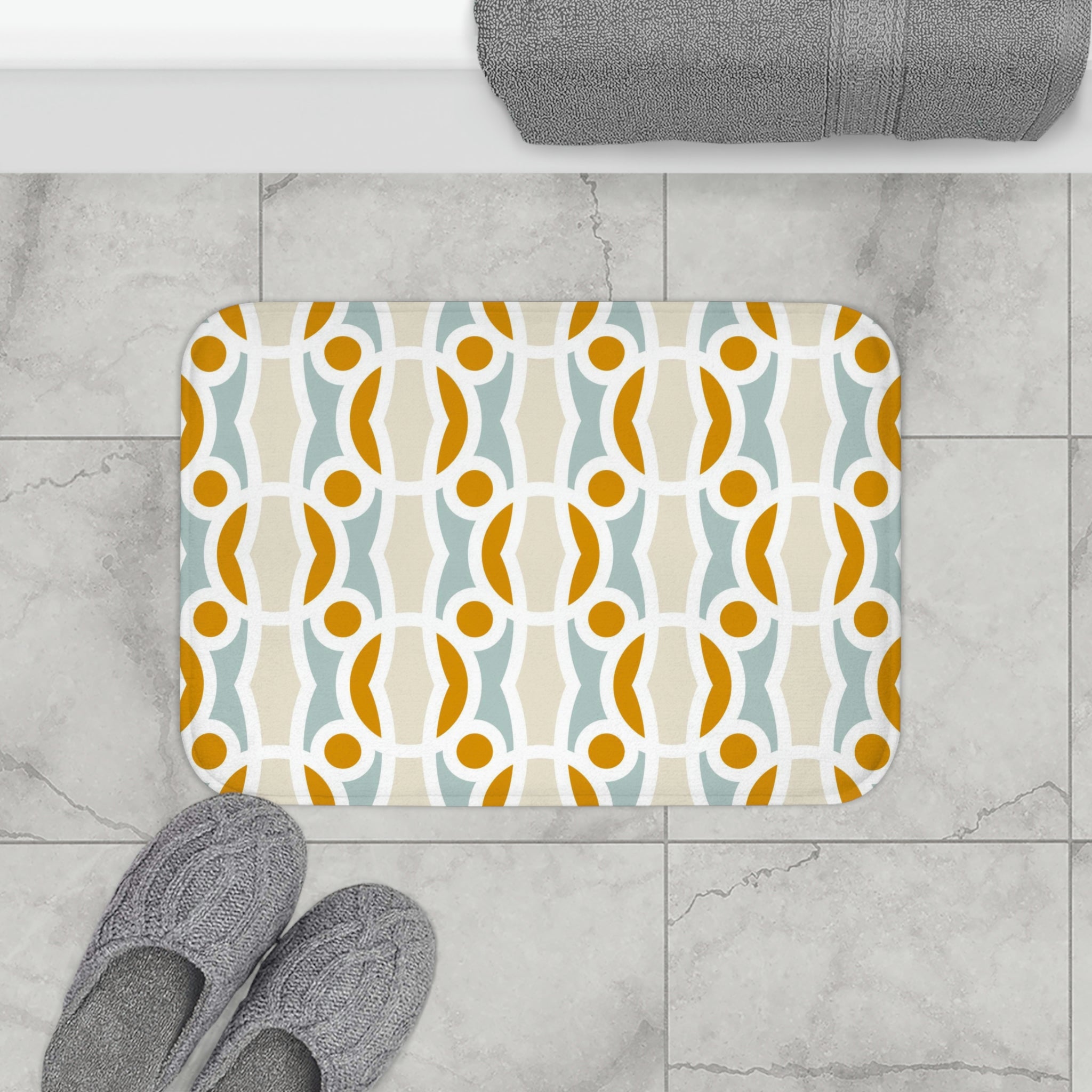 Boho Abstract Bath, Kitchen Mat | Blue Mid-Century Minimalist