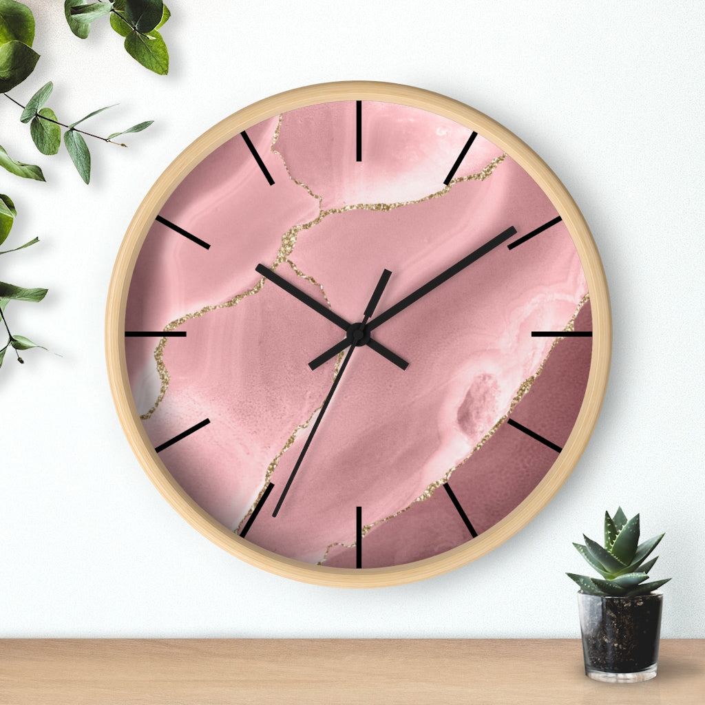 Marble Print, Wood, Wall Clock, Pink Gold 10"