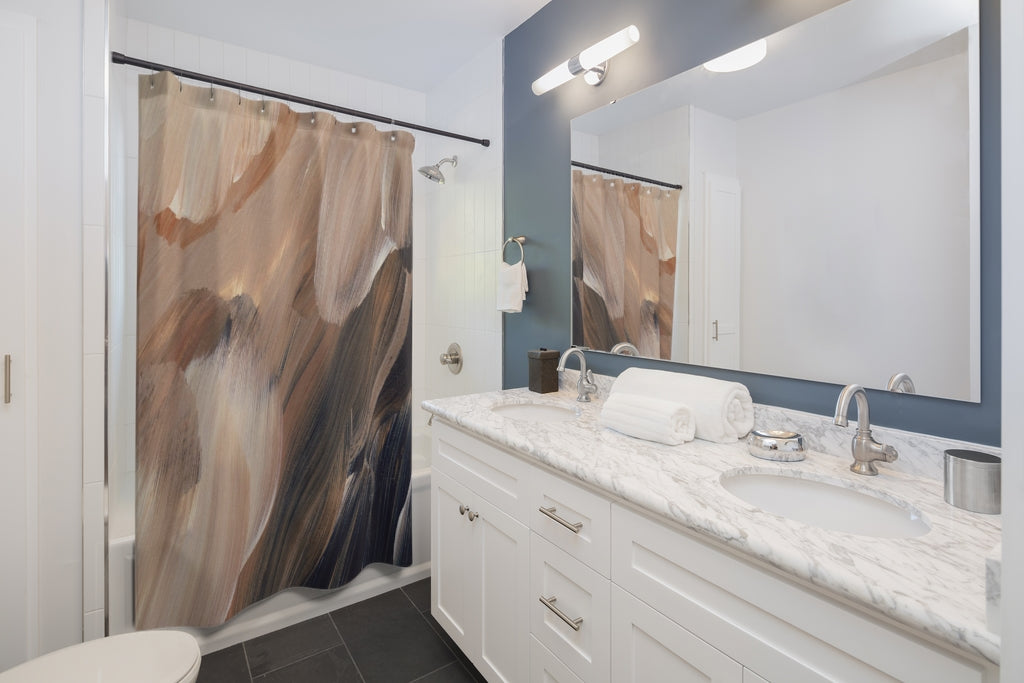 Abstract Boho Shower Curtain | Navy Blue Beige | Brush Strokes