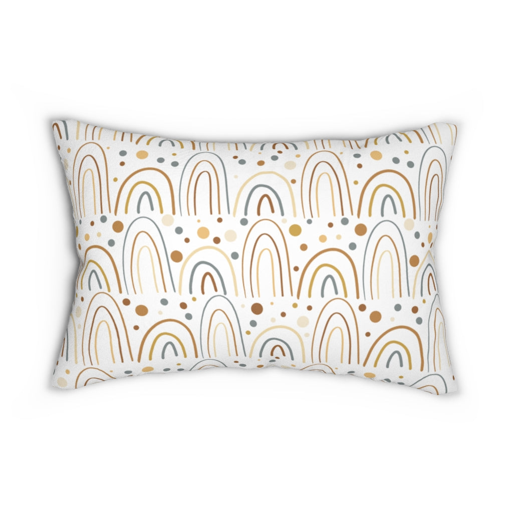 Whimsical Boho Lumbar Pillow | White Brown Navy Rainbows