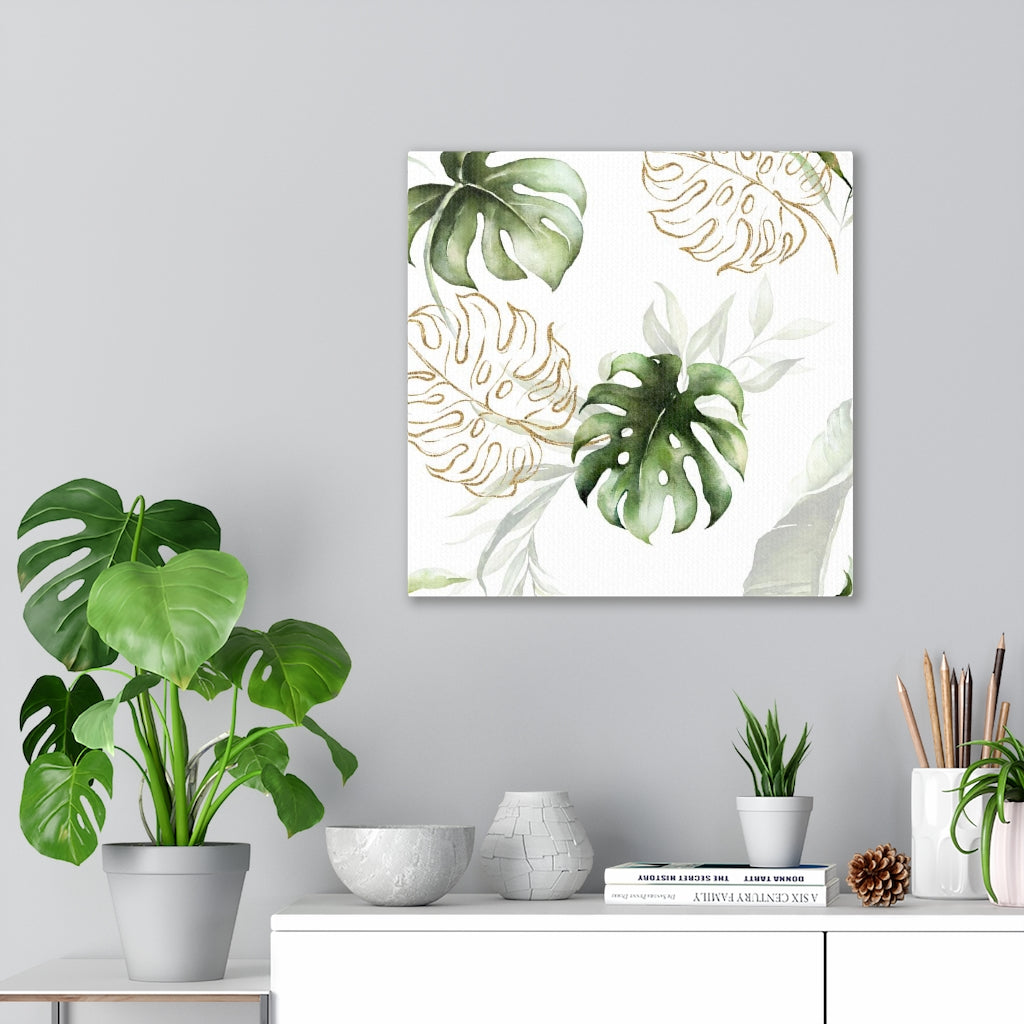 FLORAL WALL CANVAS ART | White Green Gold Tropical Leaves