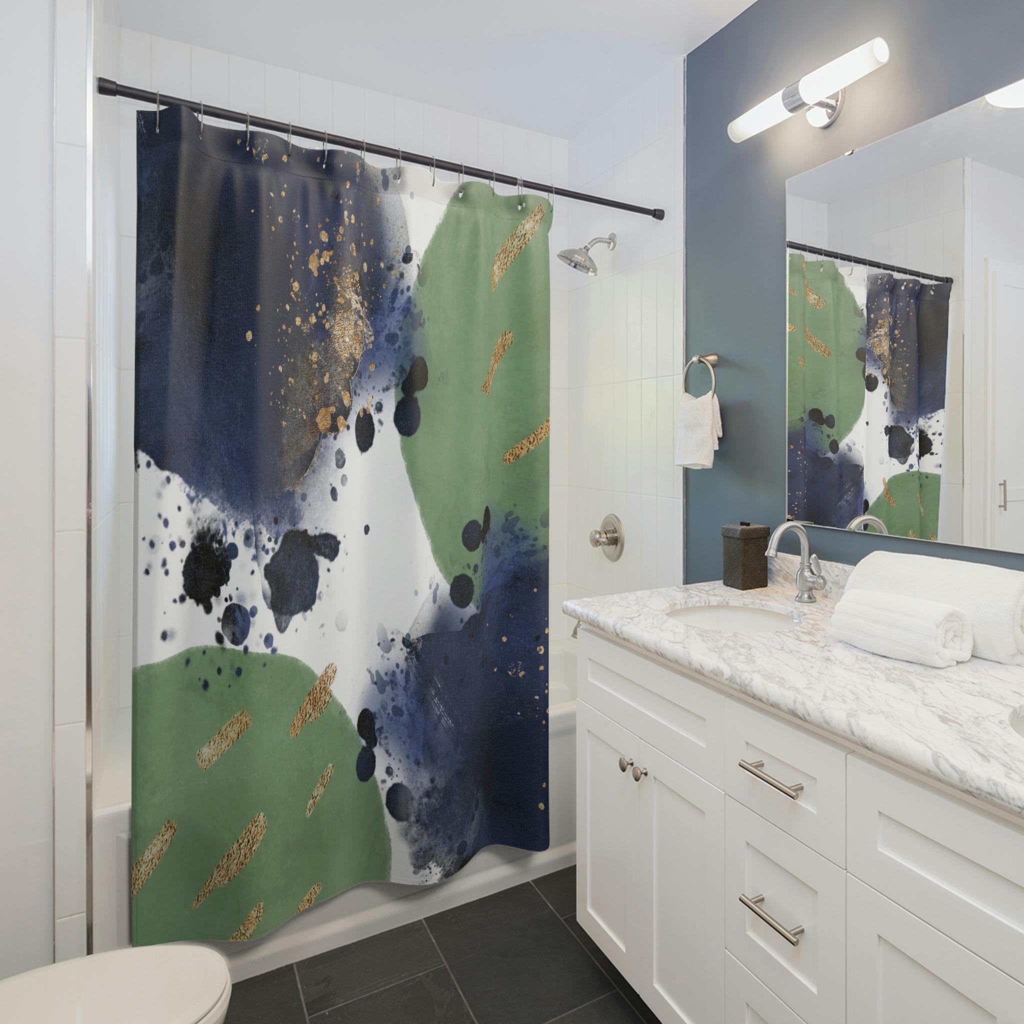 boho shower curtain | Navy Blue, Green