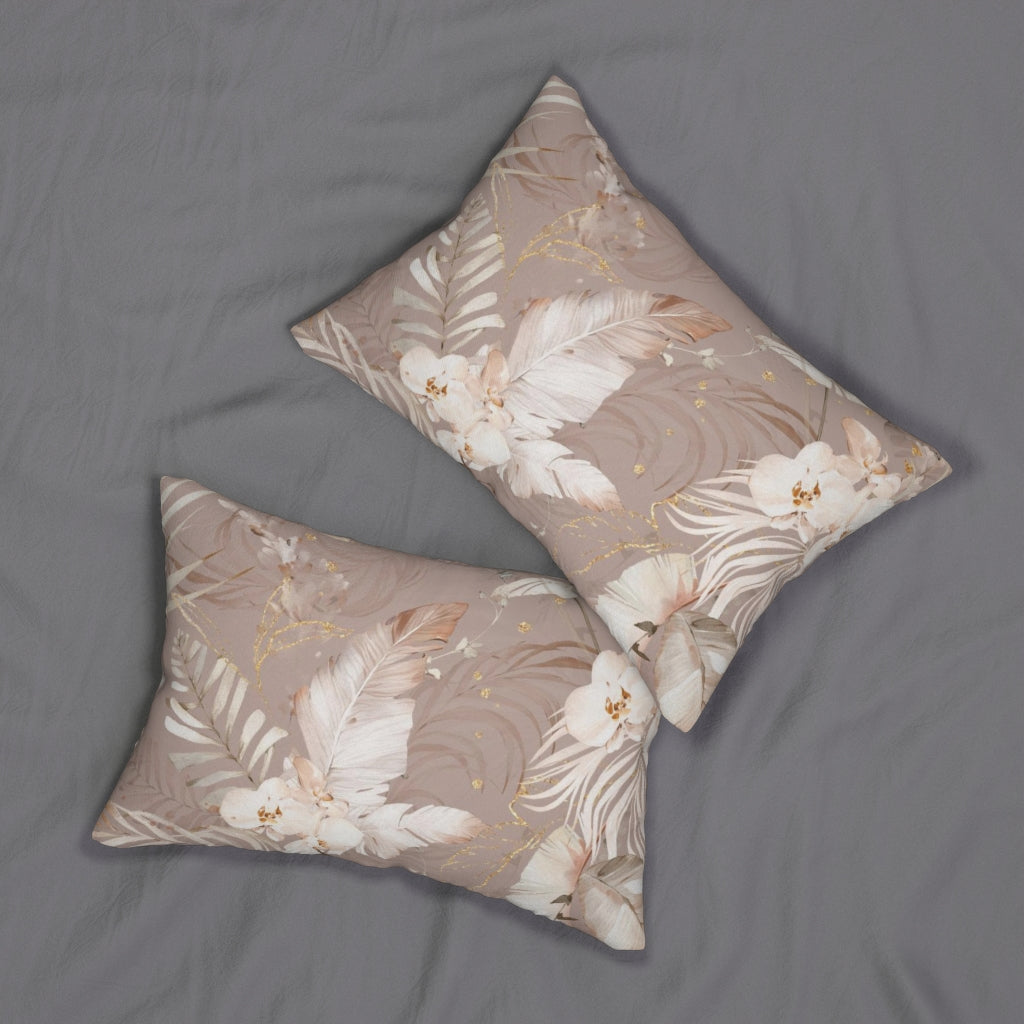 Floral Boho Lumbar Pillow | Beige White Tropical Leaves