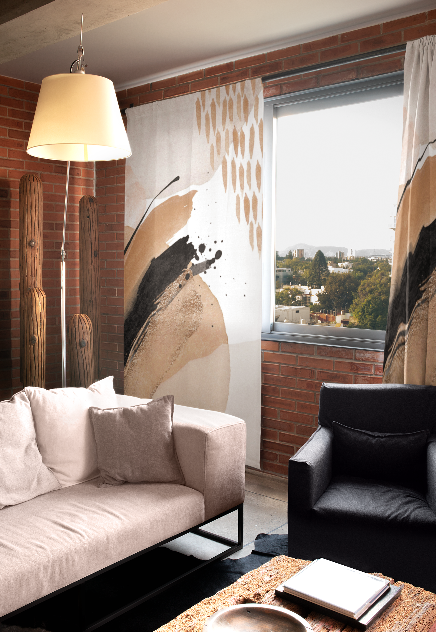 Beige, black and cream abstract window curtains