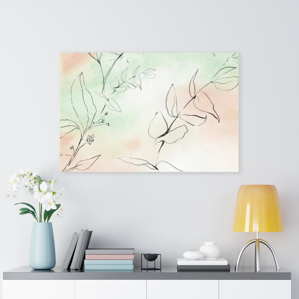 FLORAL WALL CANVAS ART | Green Peach Black Line Art Leaves