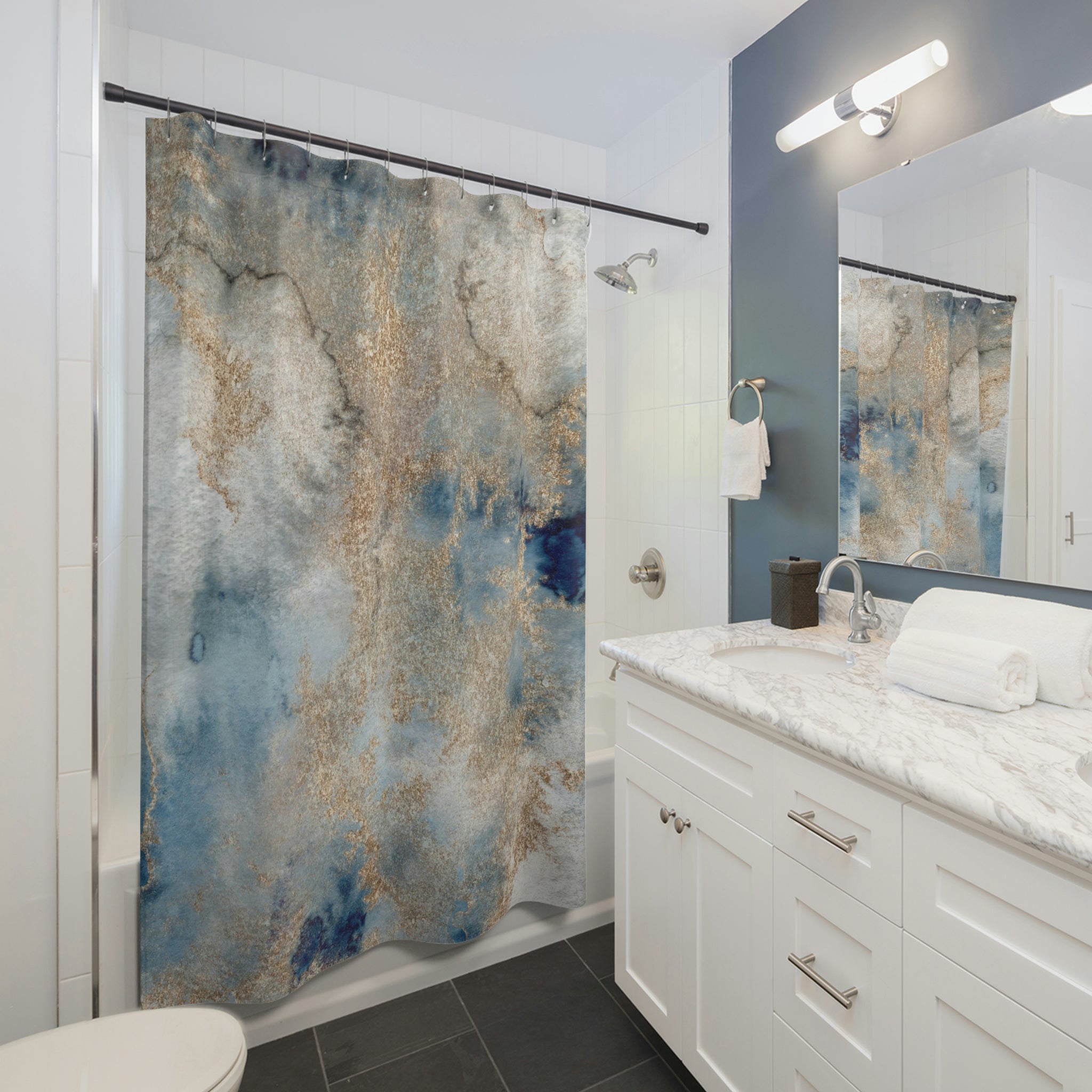 boho shower curtain | abstract blue beige