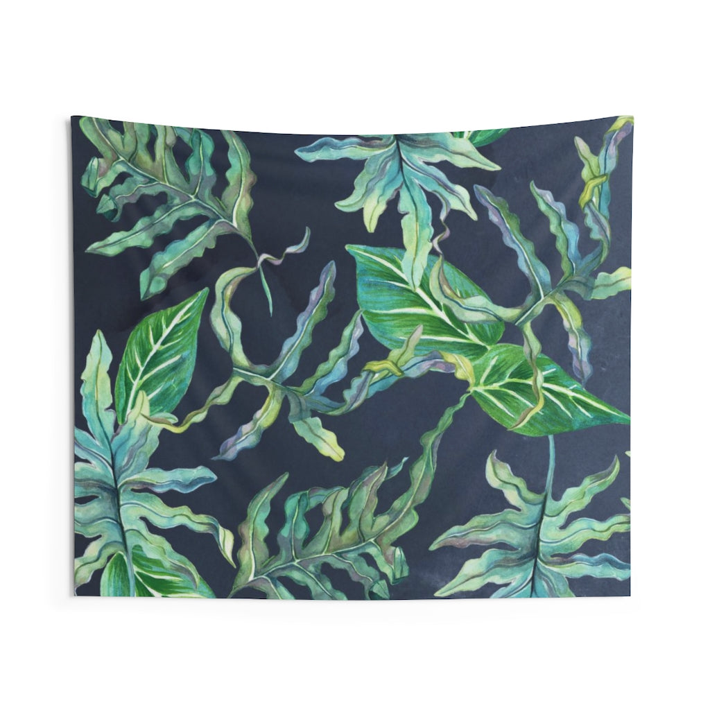 Floral Tapestry | Navy Blue Green Tropical Leaves