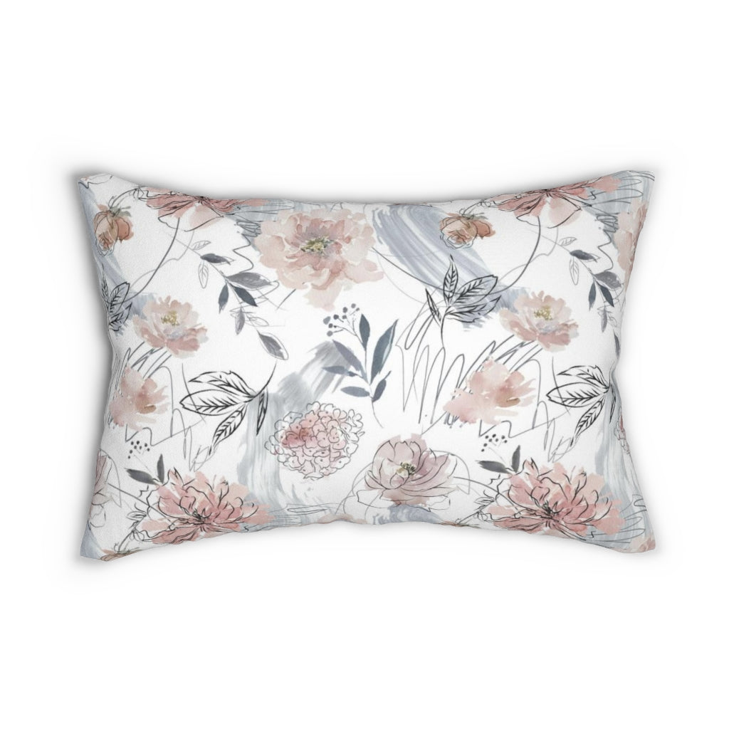 Floral Boho Lumbar Pillow | Beige Dusty Blue Peonies