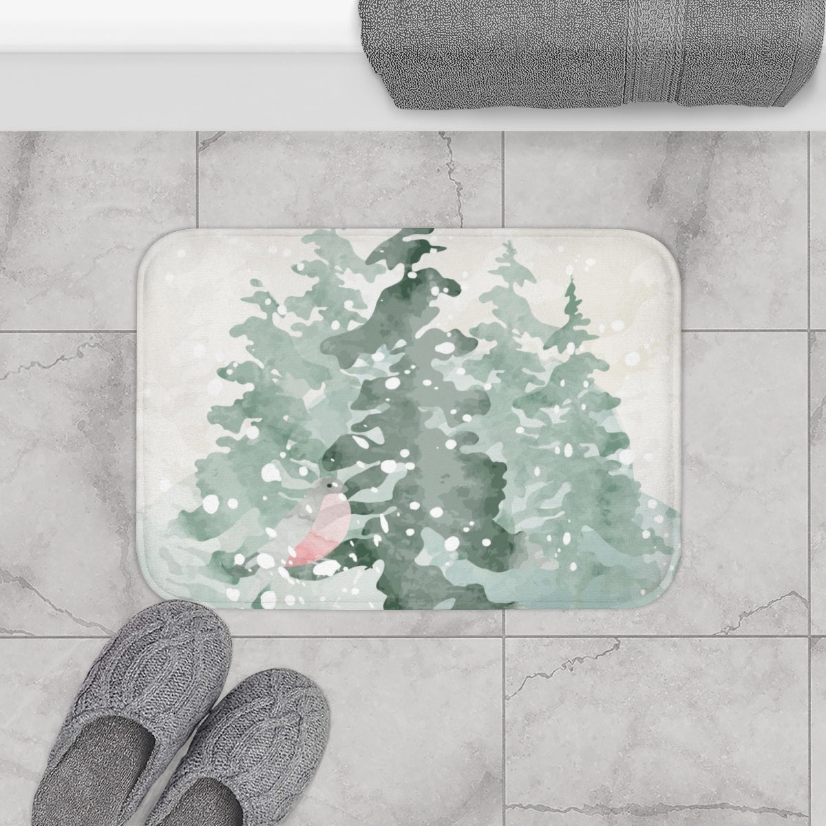 Christmas Bath Mat | Watercolor Green Winter Forest Trees