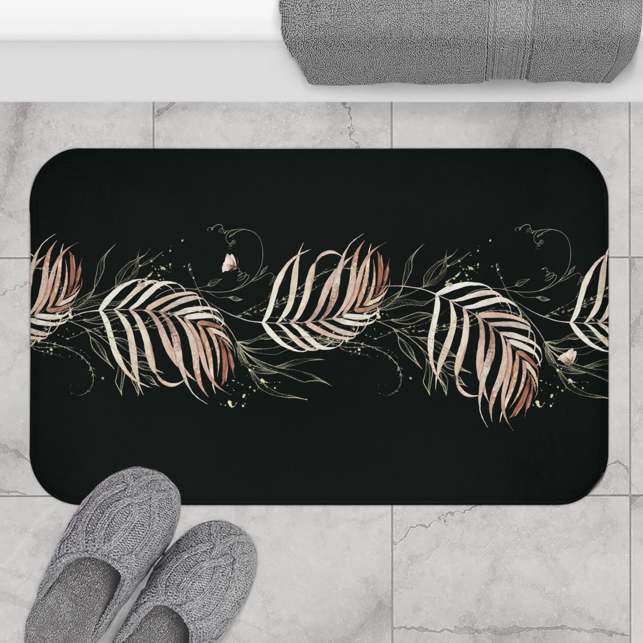 Floral Boho Bath, Kitchen Mat, Rug | Jungle Black Beige Brown Leaves