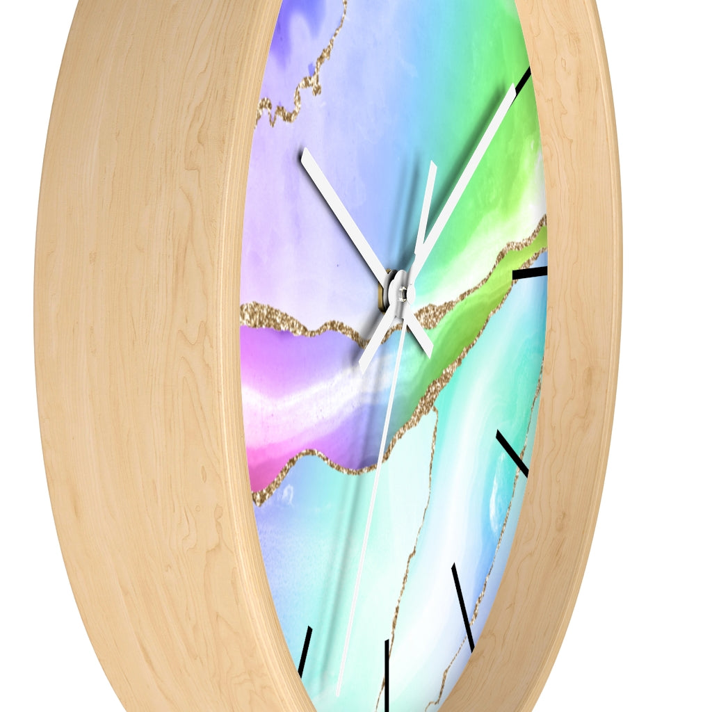Marble Print, Wood, Wall Clock, Rainbow Colors 10"