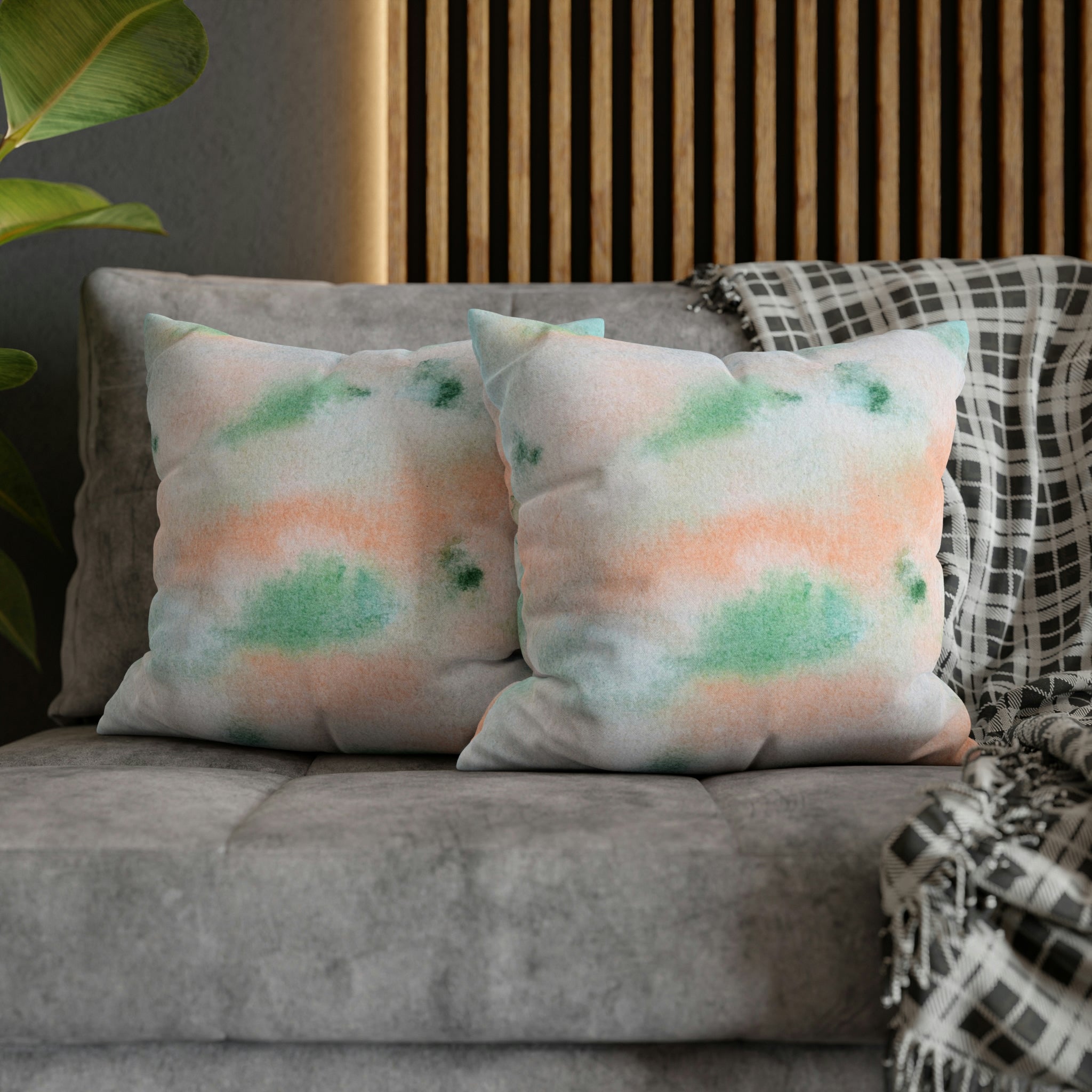 Abstract Boho Pillow Cover | Green Peach Pink Ombre Watercolor