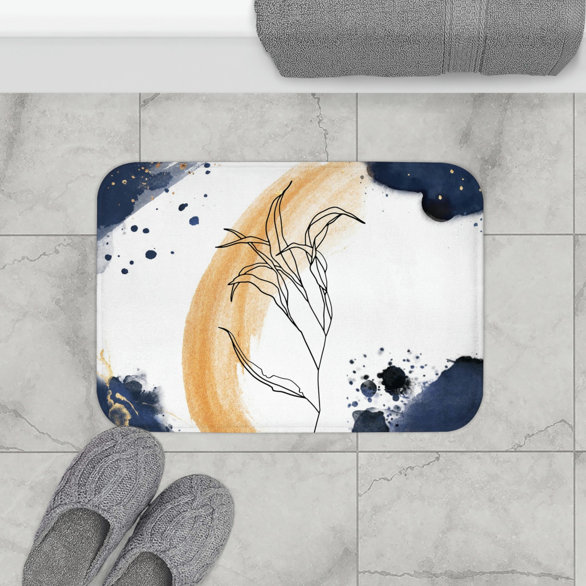 Boho Abstract Bath, Kitchen Mat | Navy Blue White Beige