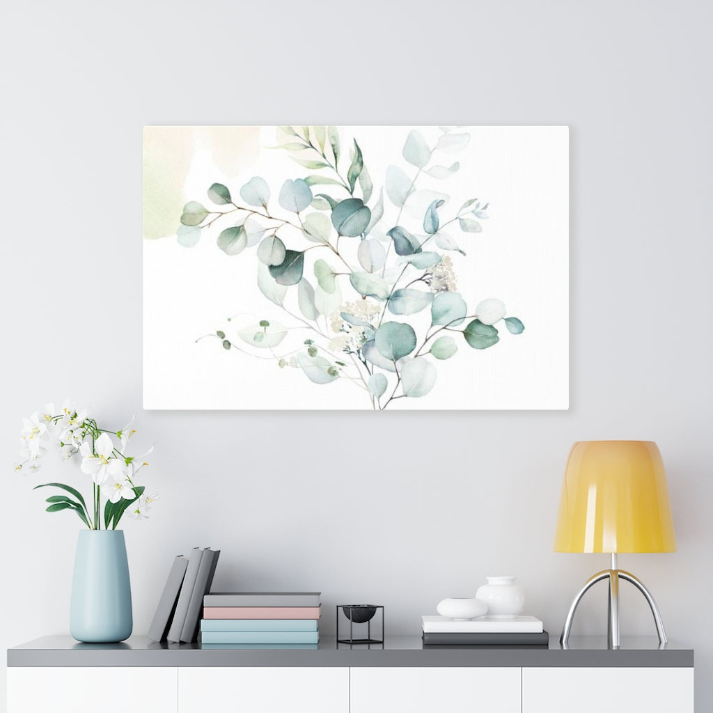 FLORAL WALL CANVAS ART | White Green Eucalyptus Leaves
