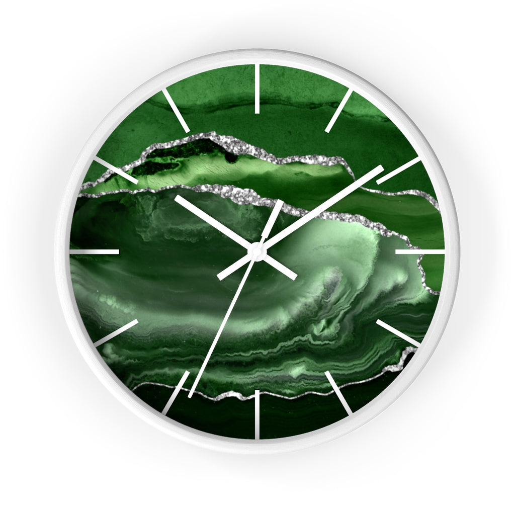 Marble Print, Wood, Wall Clock, Emerald Green 10"