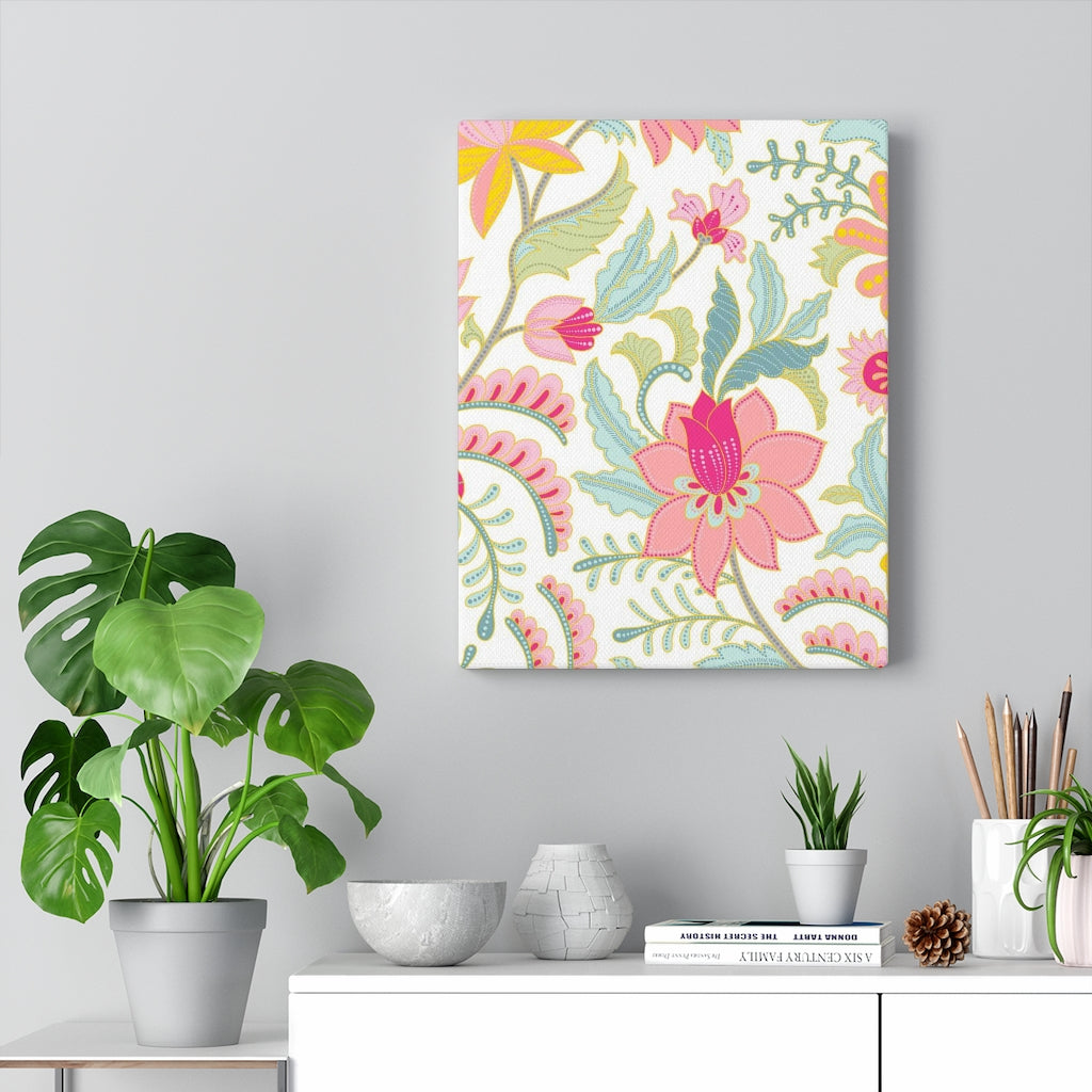 FLORAL WALL CANVAS ART | Teal White Pink Yellow