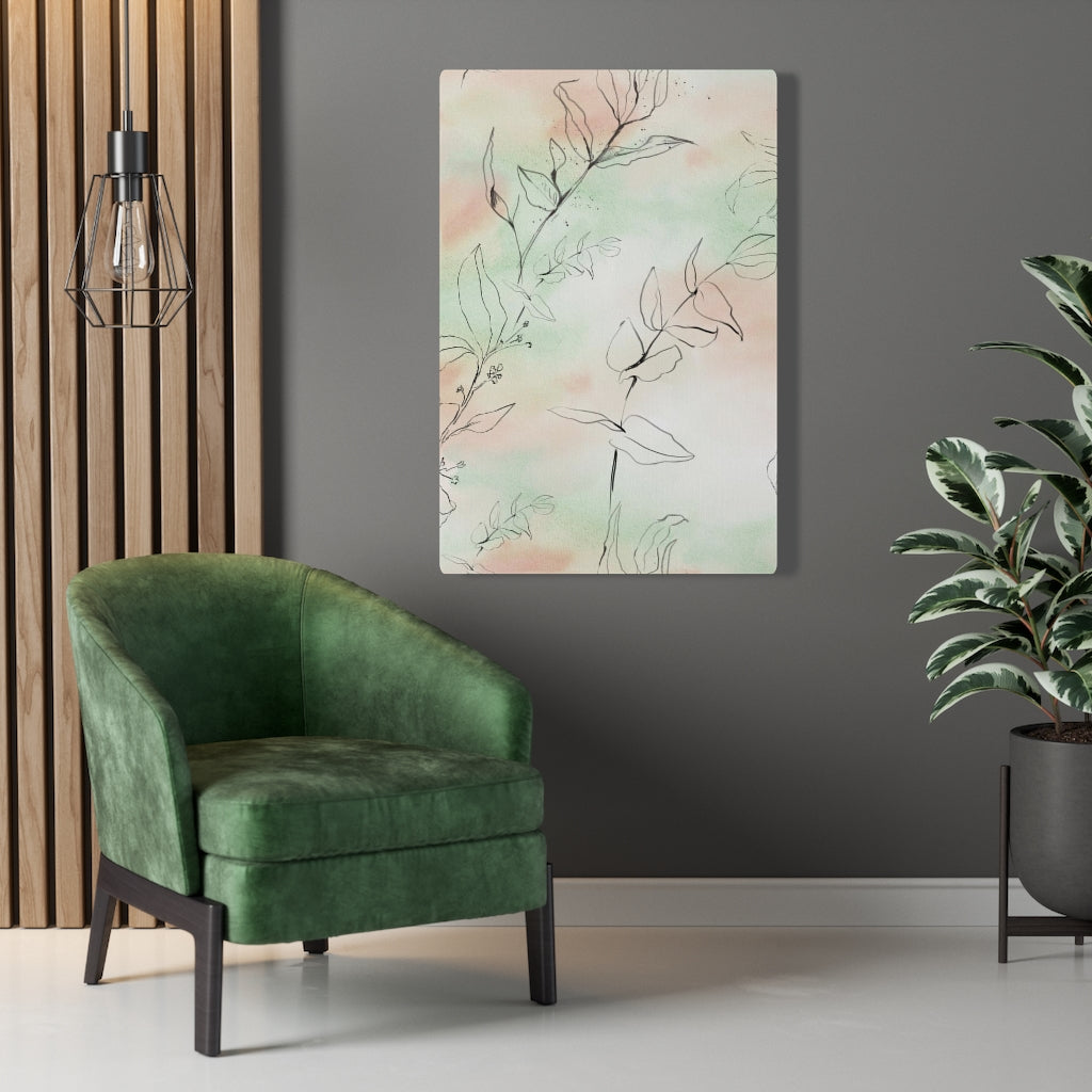 FLORAL WALL CANVAS ART | Green Peach Black Line Art Leaves