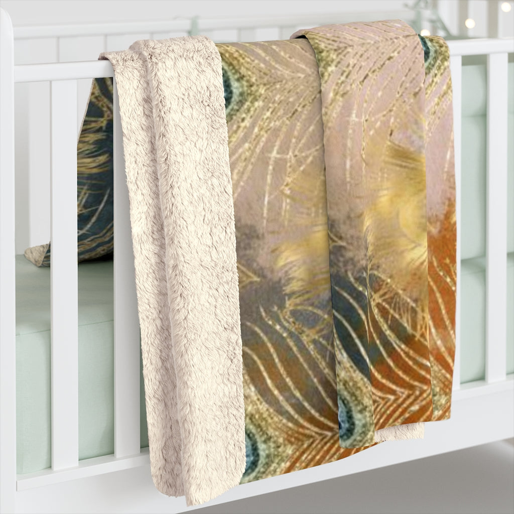 Boho Comfy Blanket | Gold Navy Rust Feathers