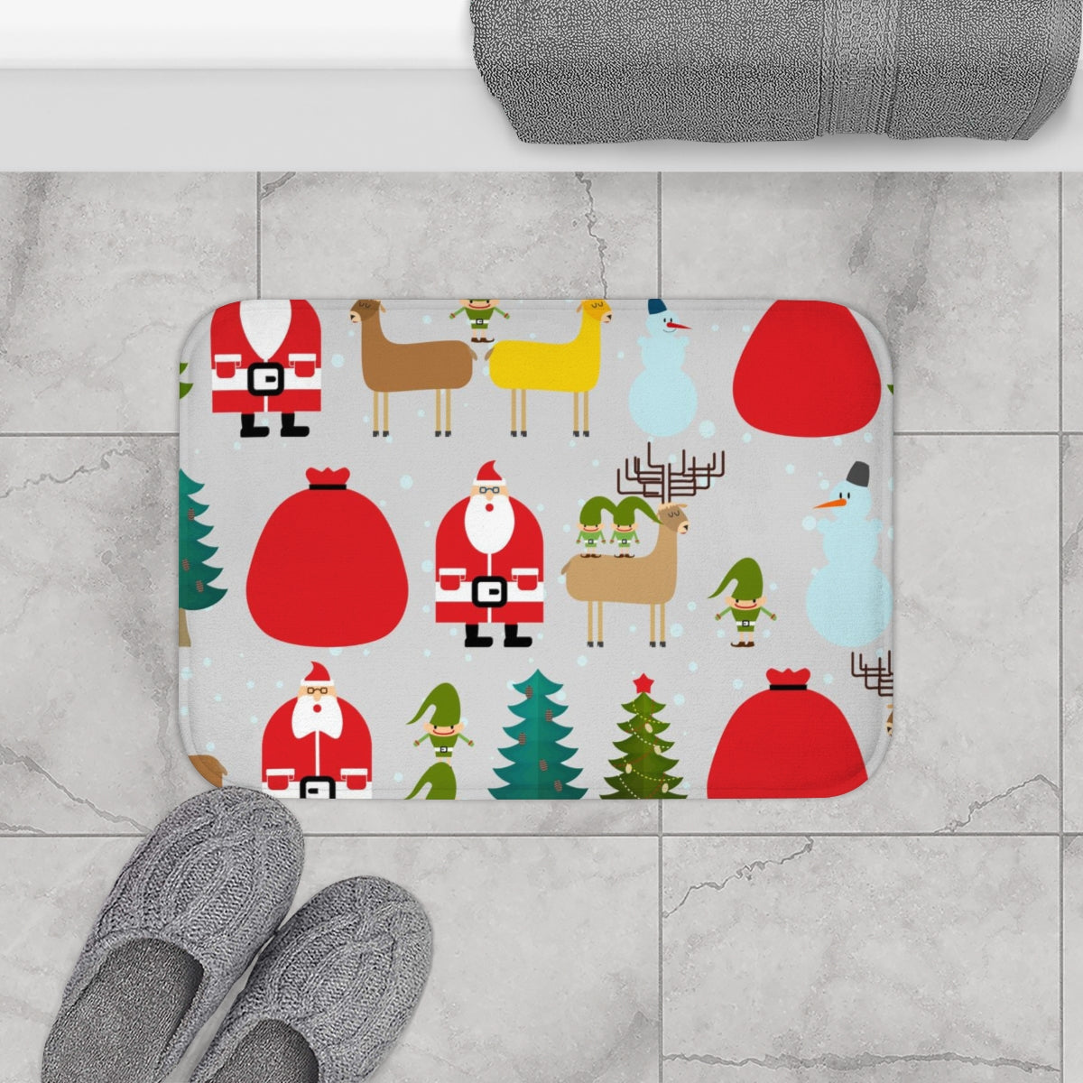 Christmas Bath Mat | Gray Christmas Trees Santa Claus