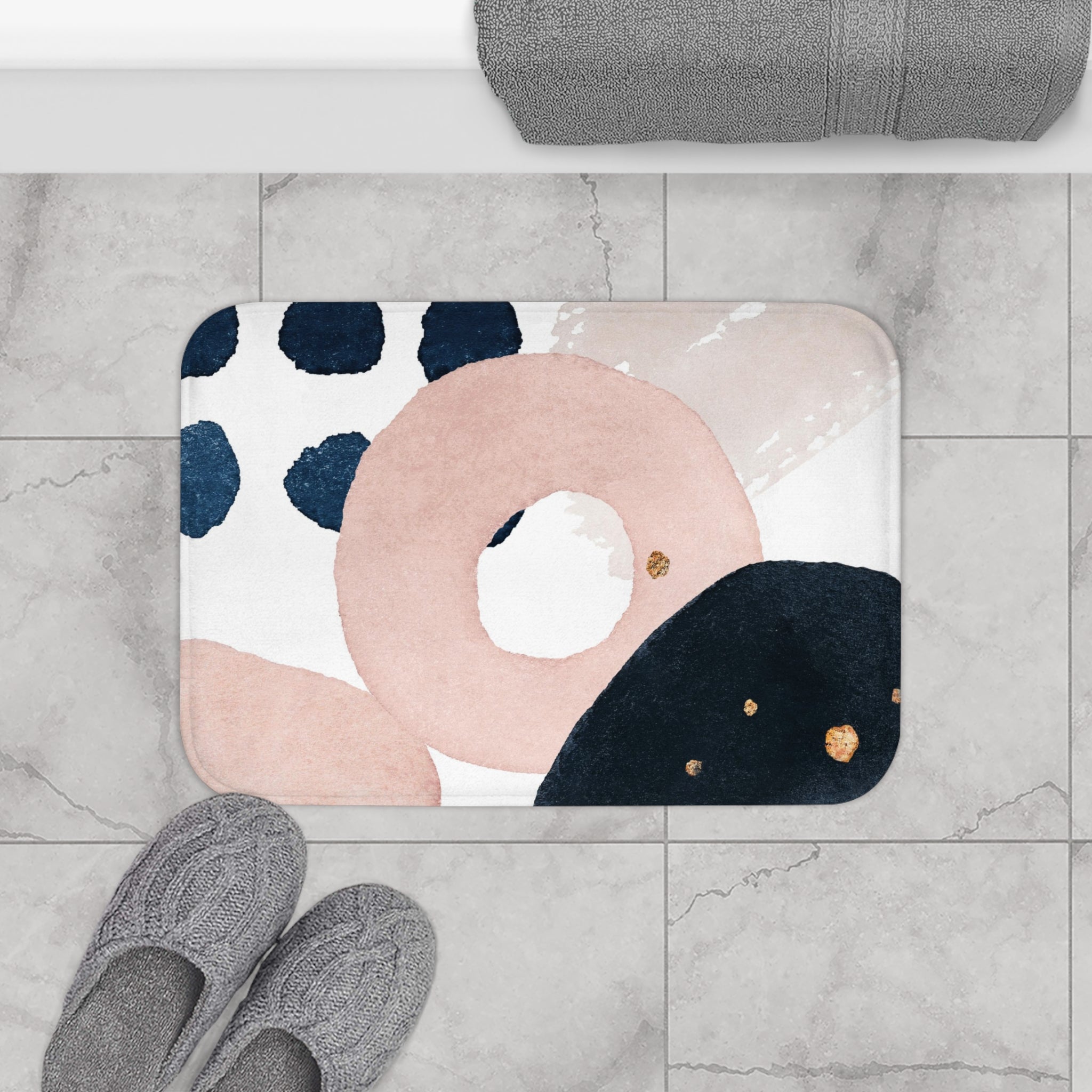 Boho Bath, Kitchen Mat, Rug | Navy Blue, Blush Pink White