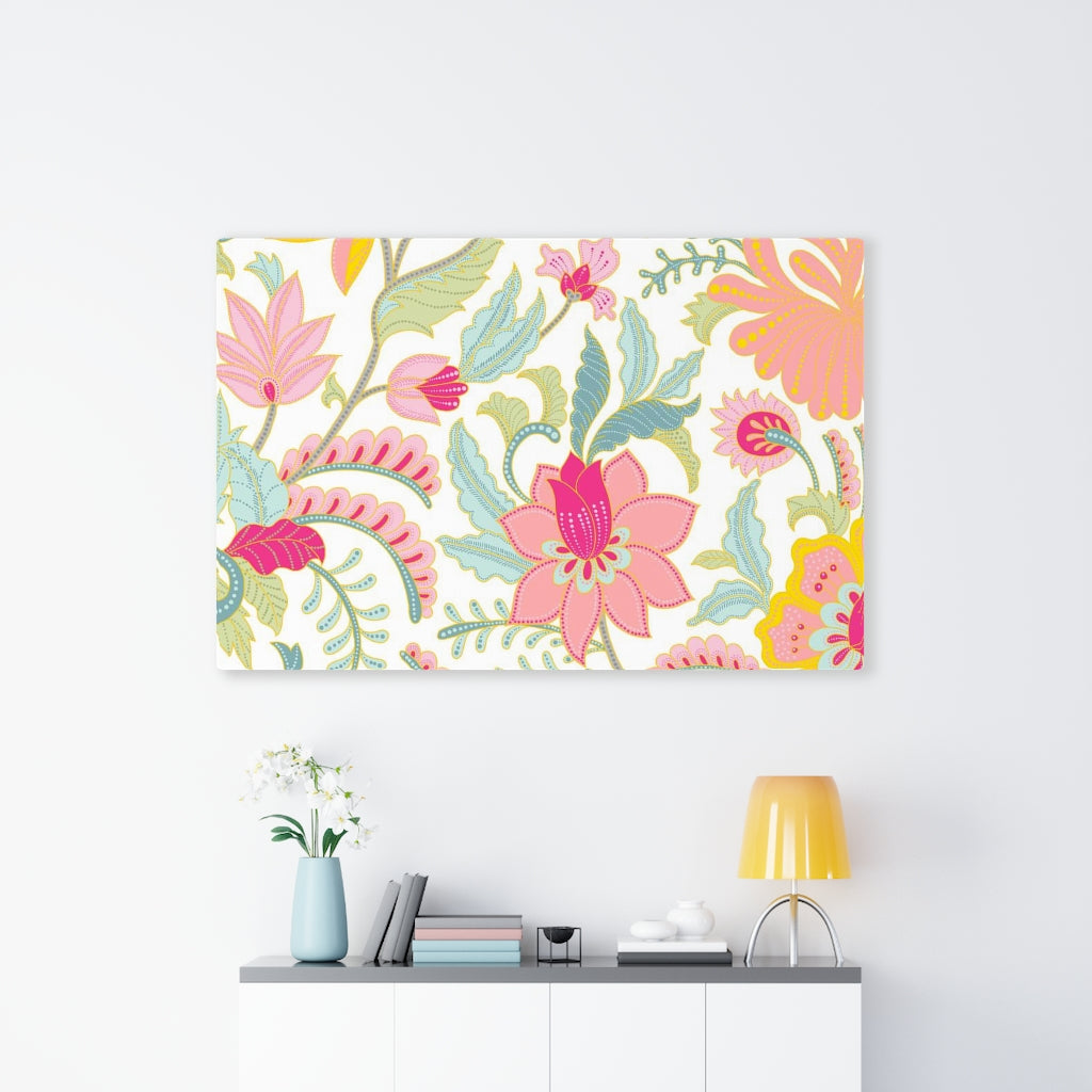 FLORAL WALL CANVAS ART | Teal White Pink Yellow