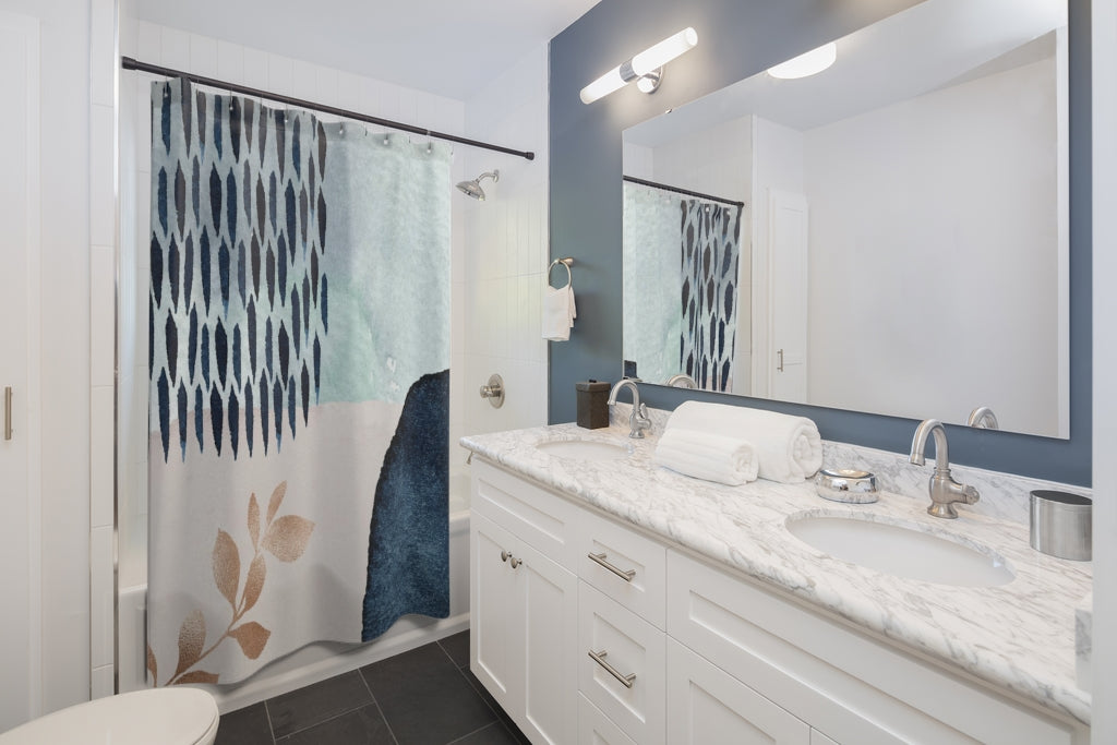 Abstract Boho Shower Curtain | Cream Navy Blue Teal