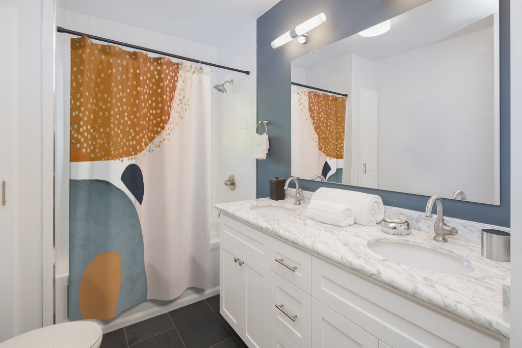 dusty blue, burnt orange shower curtain