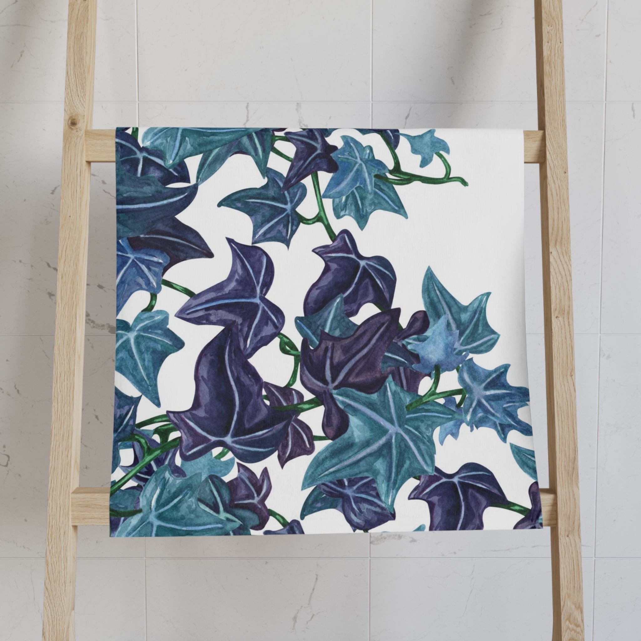 Floral Boho Kitchen, Bath Hand Towel Jungle White Teal Blue Vine