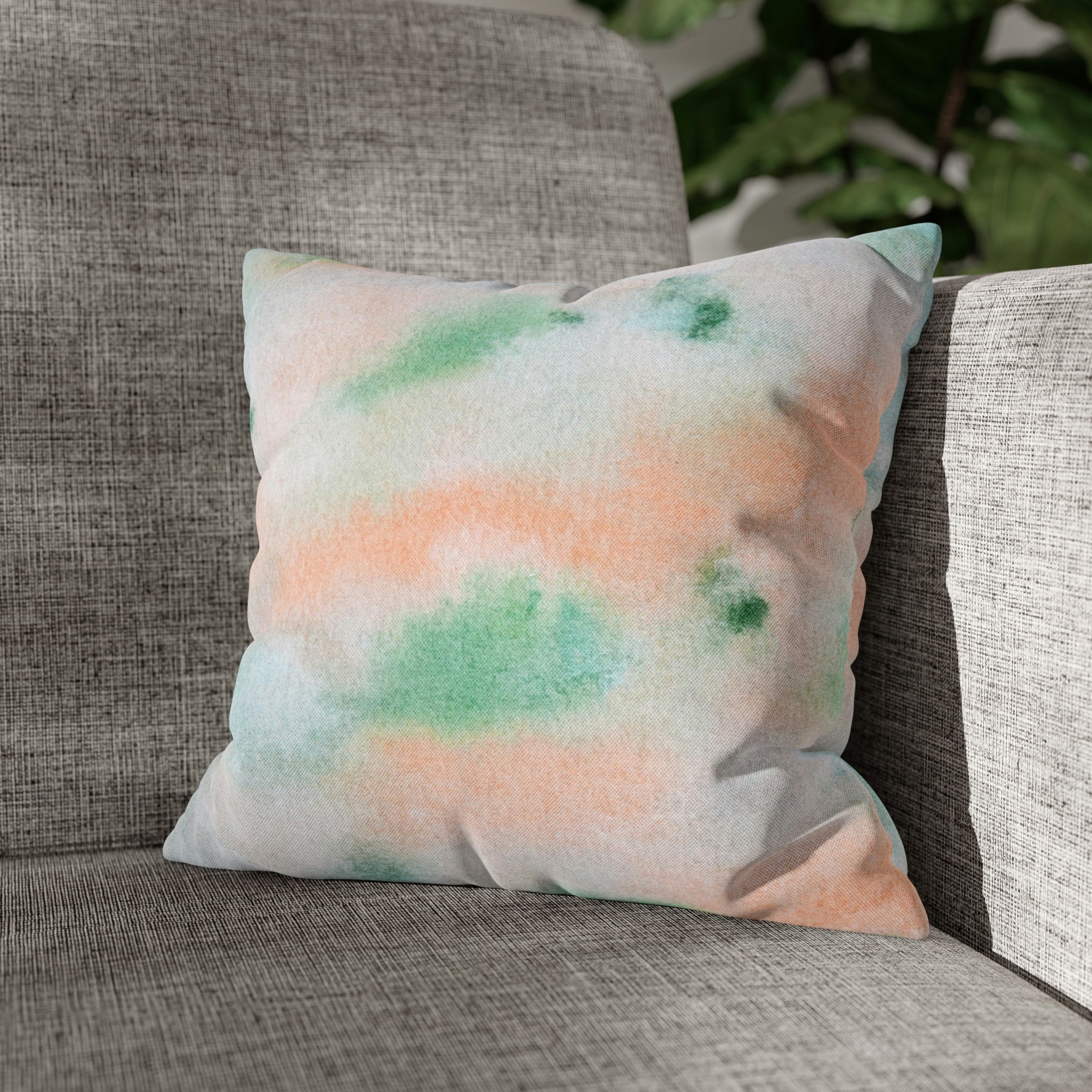 Abstract Boho Pillow Cover | Green Peach Pink Ombre Watercolor