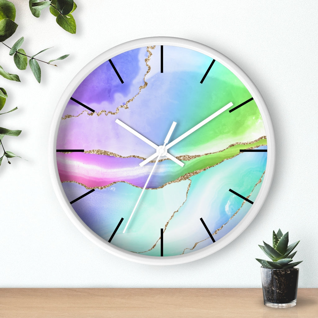 Marble Print, Wood, Wall Clock, Rainbow Colors 10"