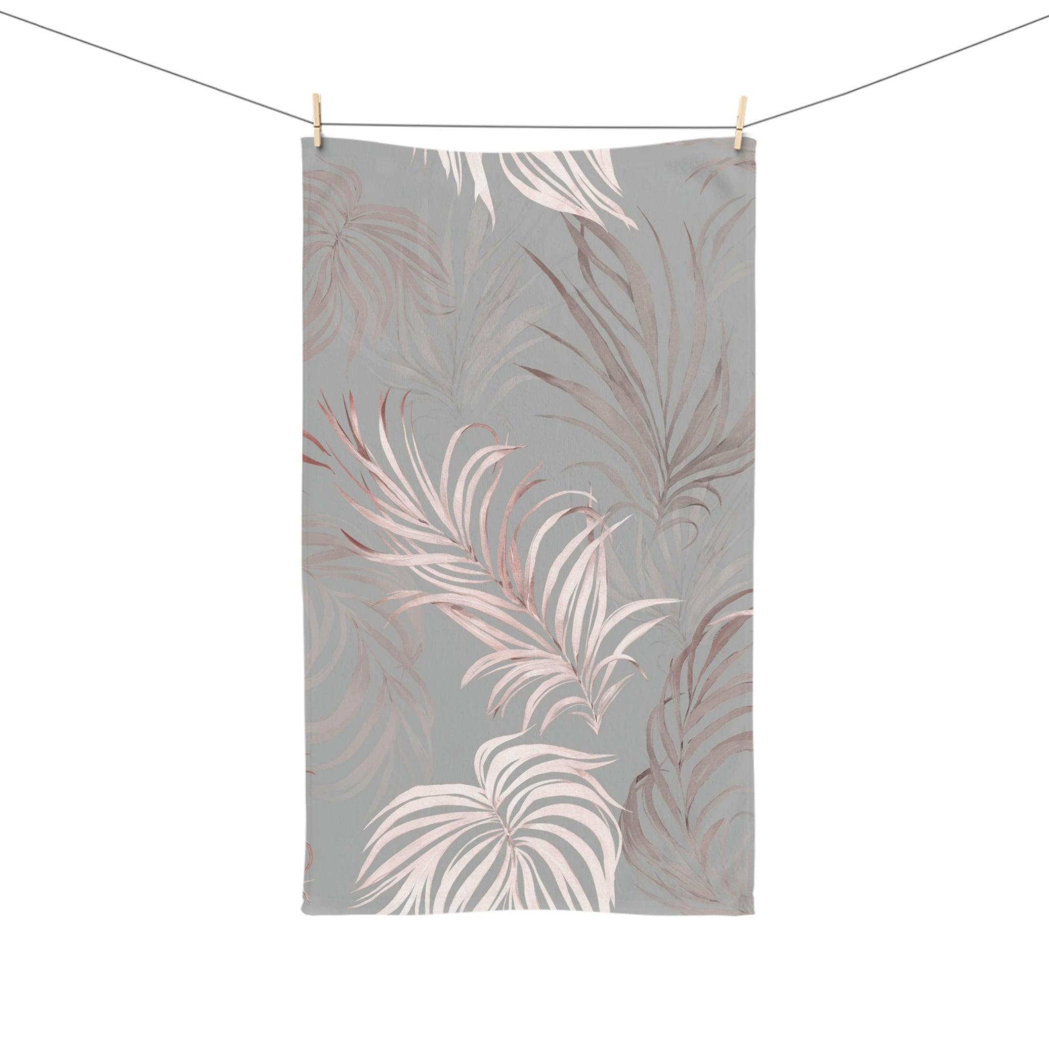 Floral Kitchen, Bath Hand Towel | Gray Blush Pink Wild Palm Leaves