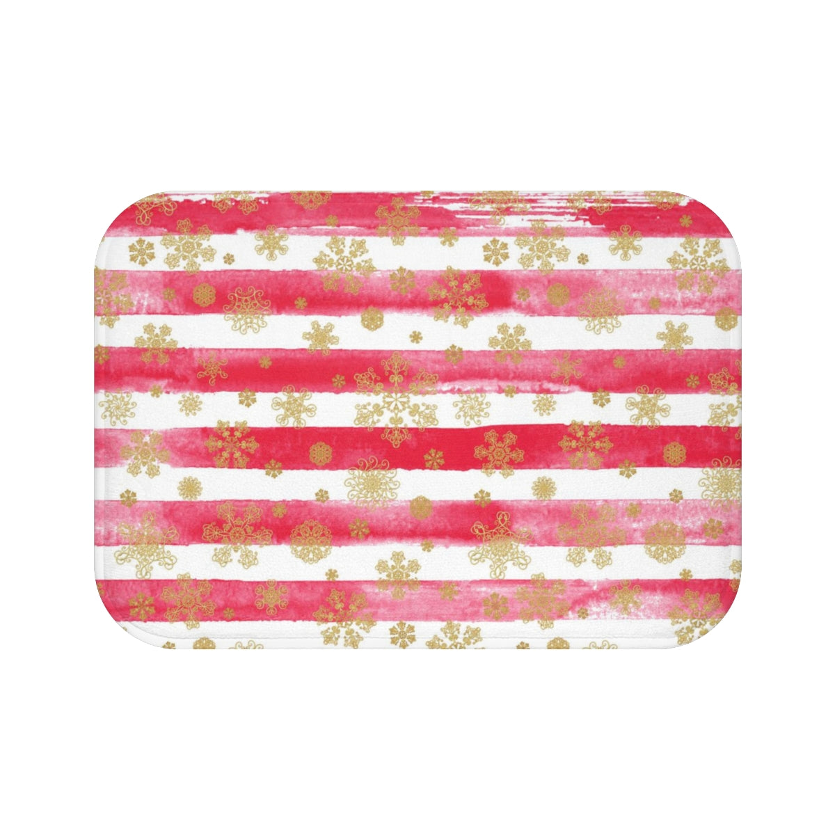 Christmas Bath Mat | White Red Stripes Gold Snowflakes